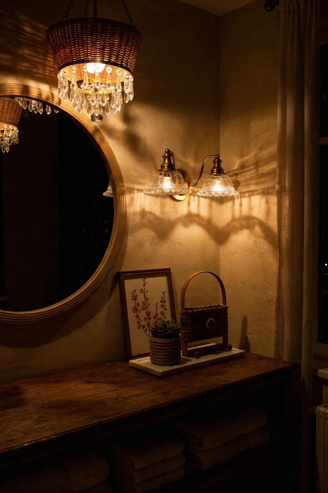 French country bathroom evening lighting featuring oak framed mirror with basket crystal chandelier