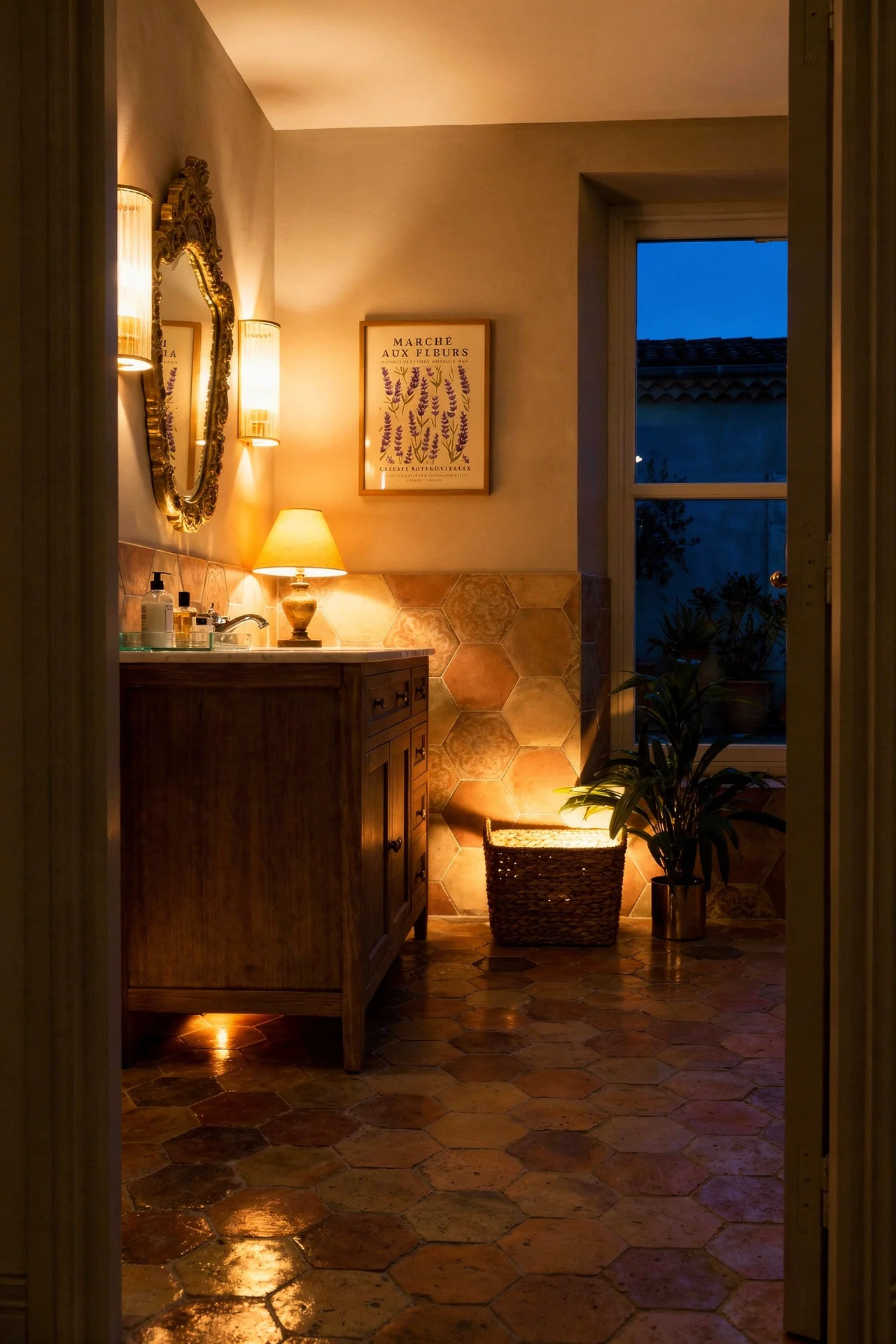 French Country Bathroom evening lighting reclaimed terracotta bathroom