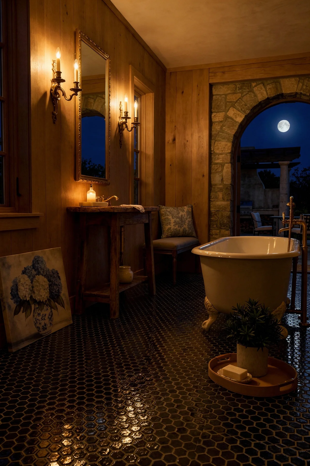 French Country Bathroom evening lighting featuring cobalt hexagonal tile floor with ornate gilt mirror and brass sconces