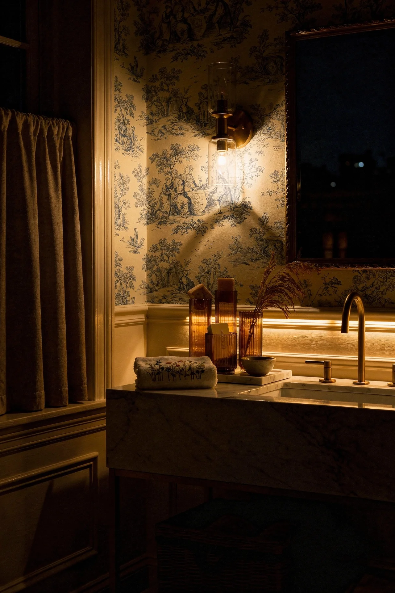 French country bathroom evening lighting featuring marble vanity with toile walls and brass sconce