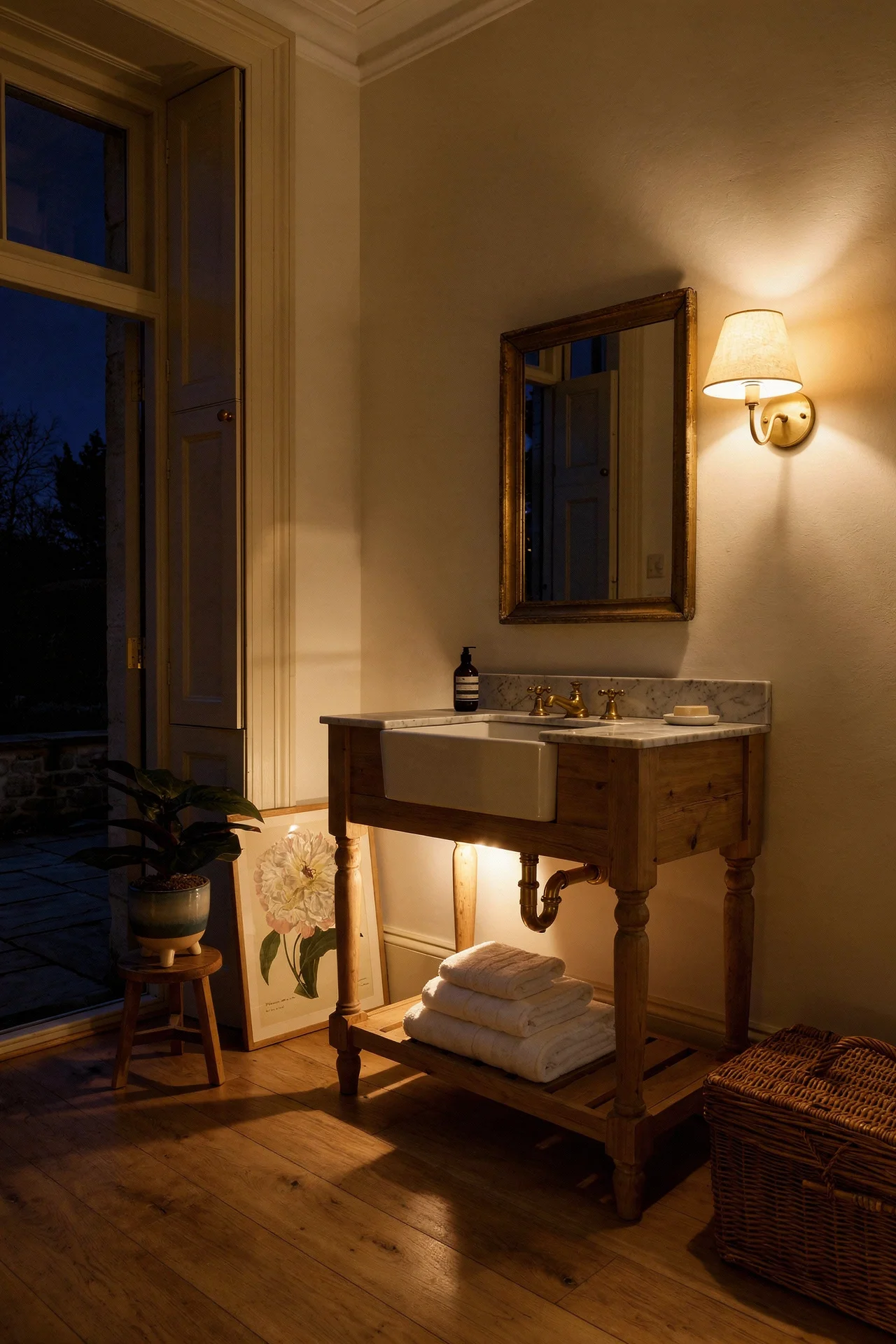 French country bathroom evening lighting featuring natural wood vanity with gilded mirror