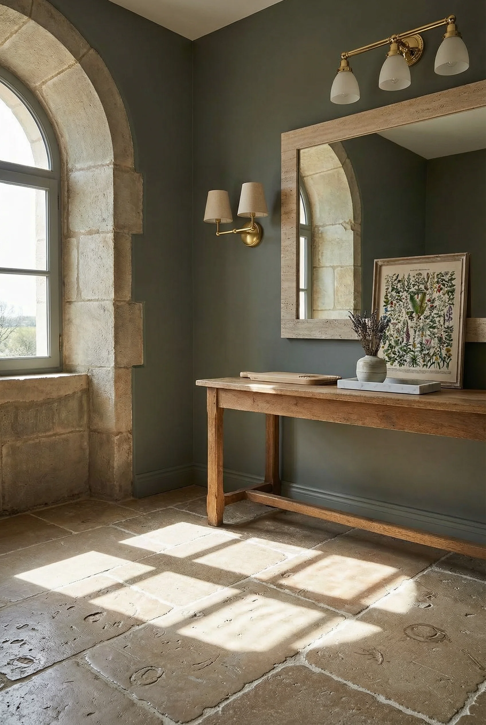 French country bathroom featuring travertine framed mirror with brass sconces and limestone floors