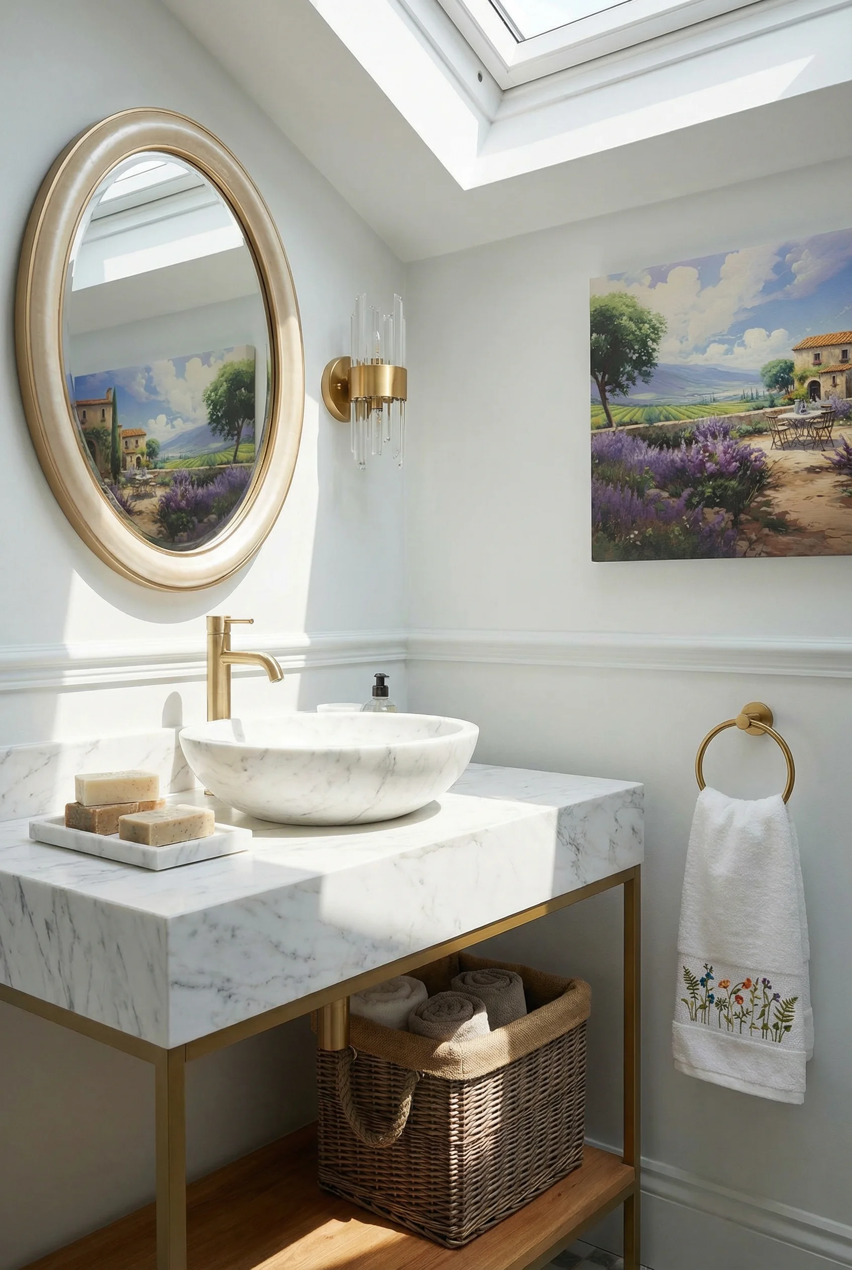 French country bathroom vanity featuring marble vessel sink with gold sconces and lavender canvas art