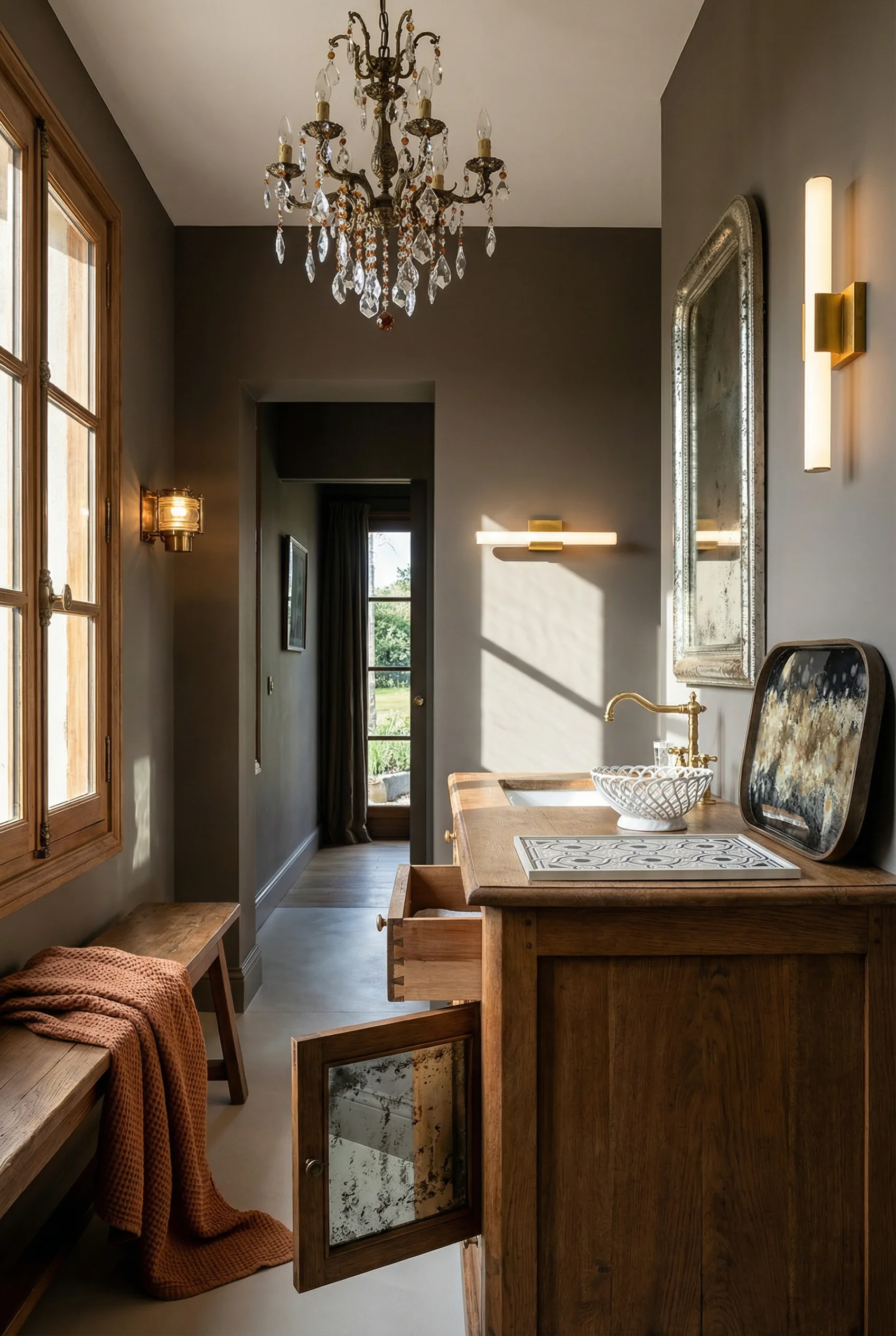 French Country Bathroom featuring amber crystal chandelier with mercury glass vanity and terracotta linen