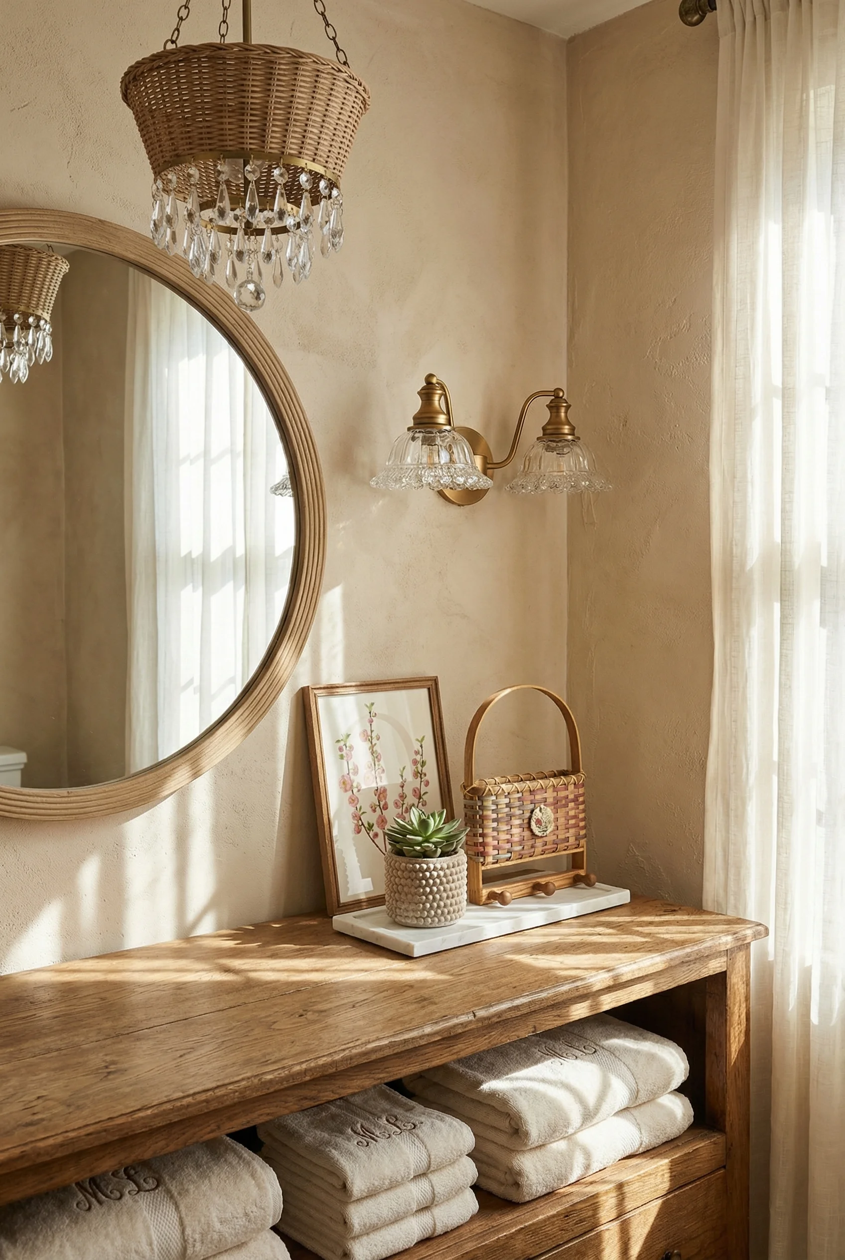 French country bathroom featuring oak framed mirror with basket crystal chandelier and marble tray