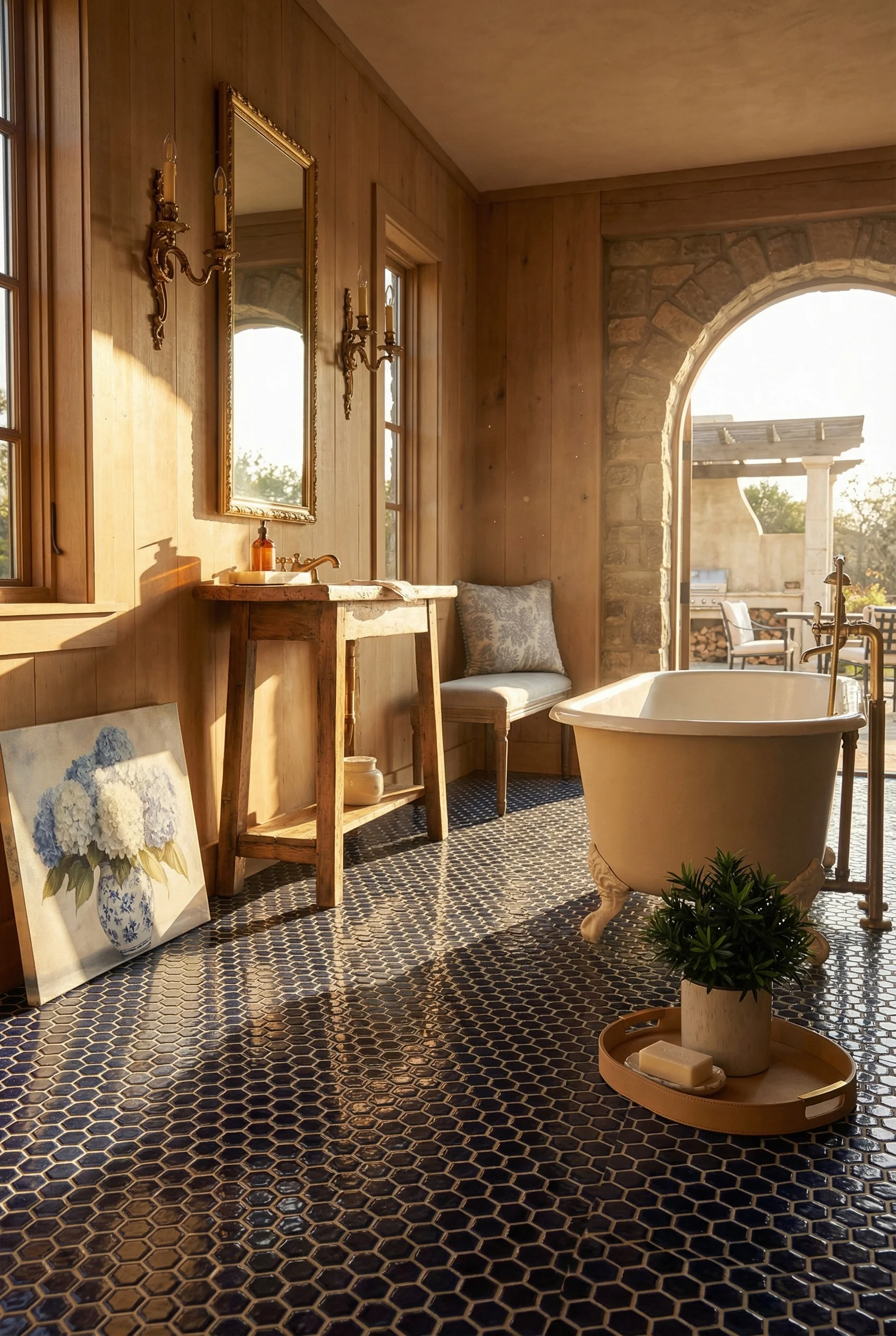 French Country Bathroom featuring cobalt hexagonal terracotta tile floor with ornate gilt mirror and brass sconces