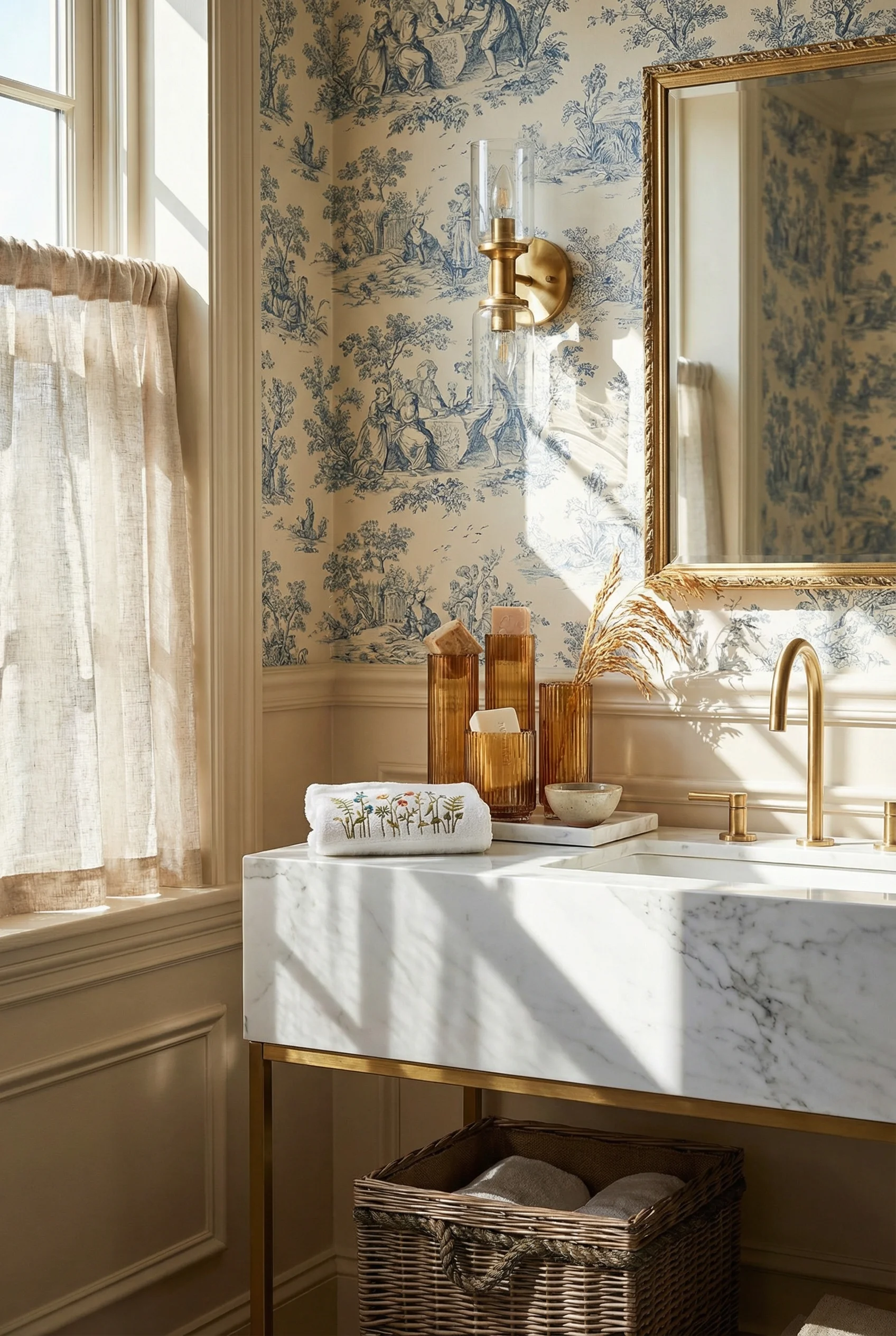 French country bathroom featuring marble vanity with toile de Jouy walls and brass sconce