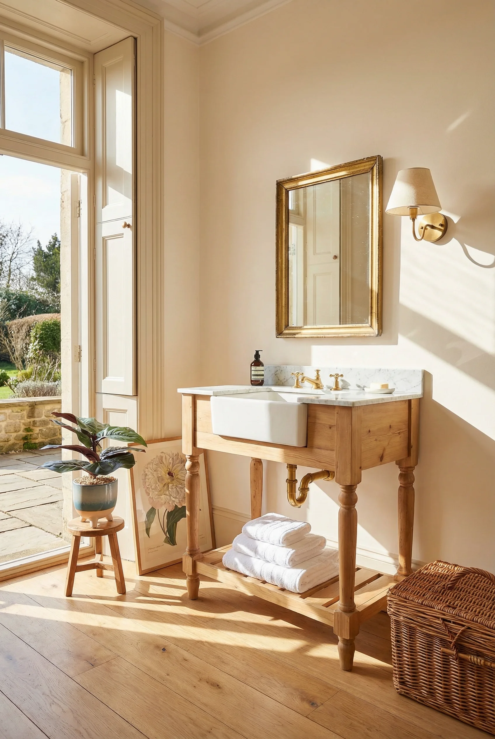 French country bathroom featuring natural wood farmhouse vanity with Carrara marble top and gilded mirror