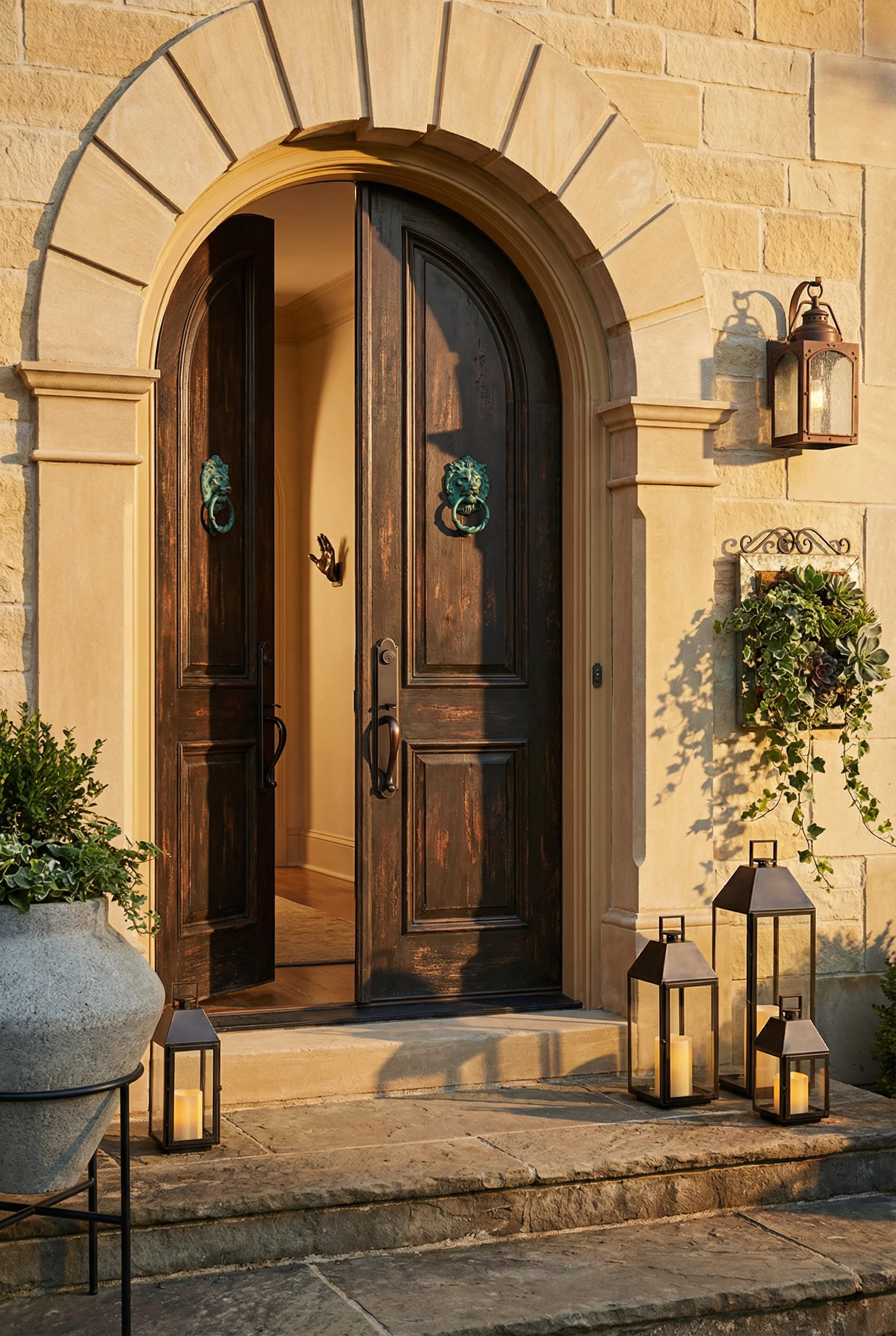 French Country Exterior featuring grand arched double doors with bronze lever handle and stone voussoir arch