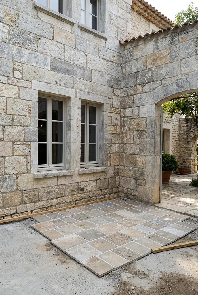 French country exterior before renovation empty construction phase