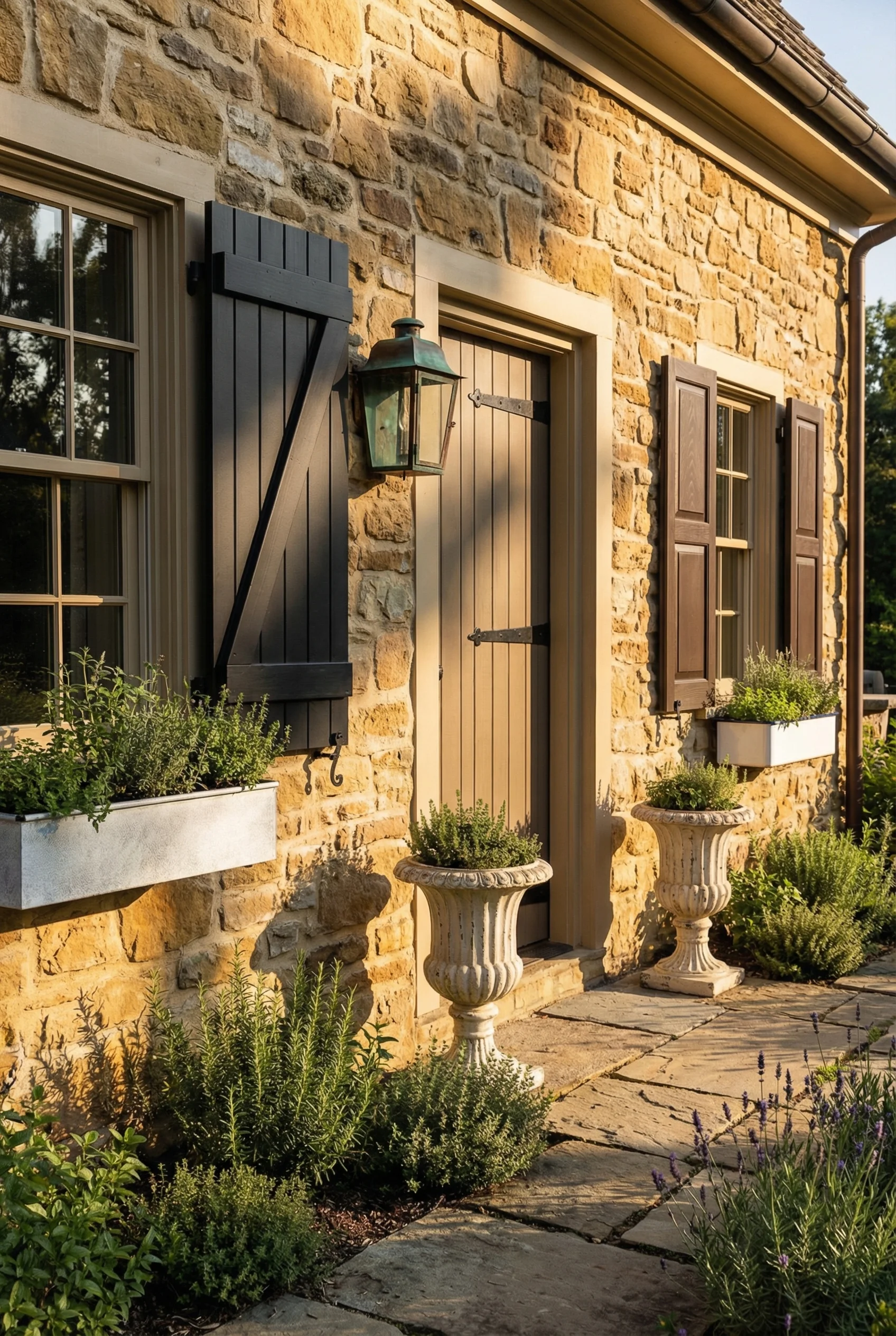 French country exterior featuring board and batten shutters with heritage copper lantern on fieldstone cottage