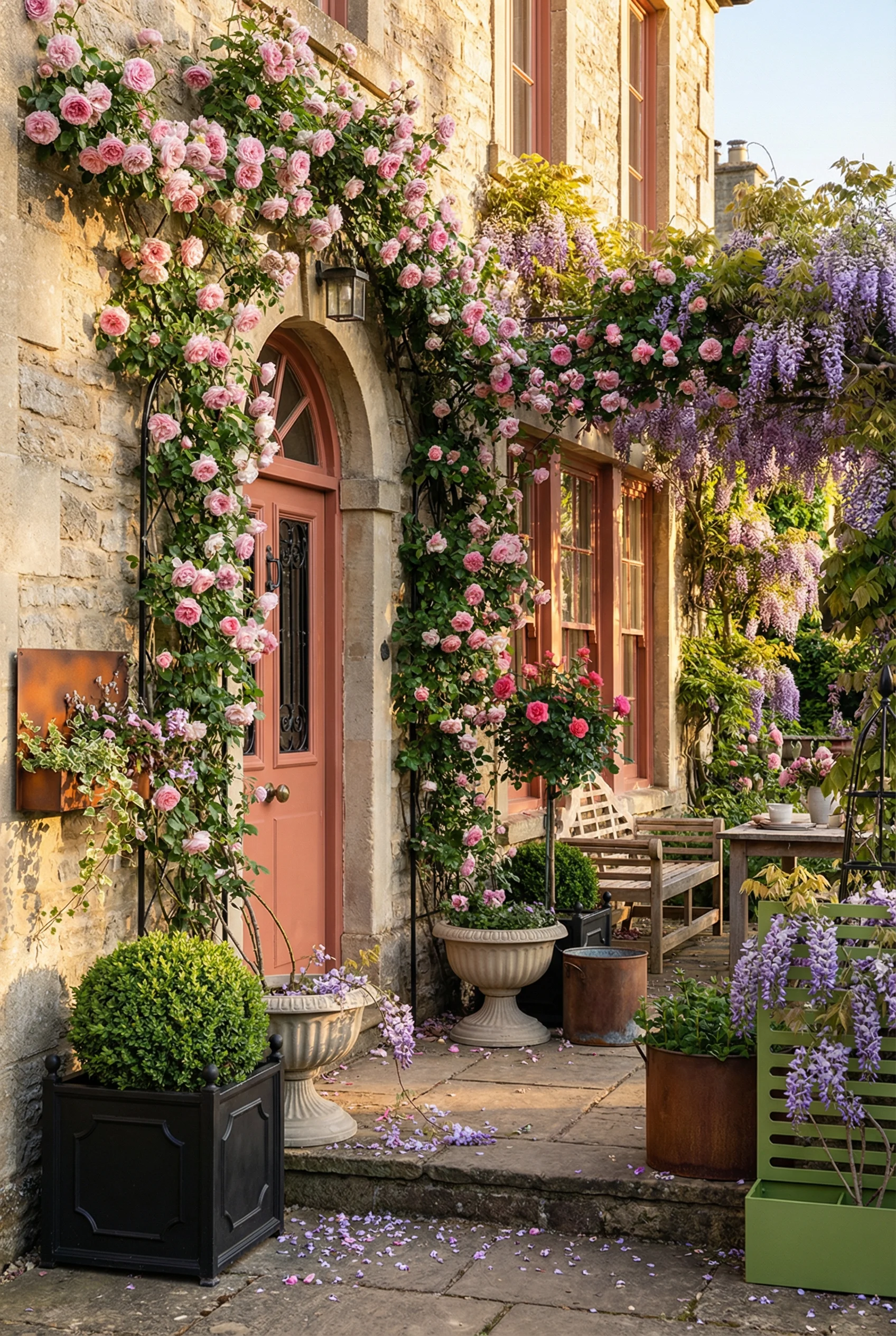French Country Exterior featuring black iron obelisk trellis with climbing roses and wisteria on stone facade