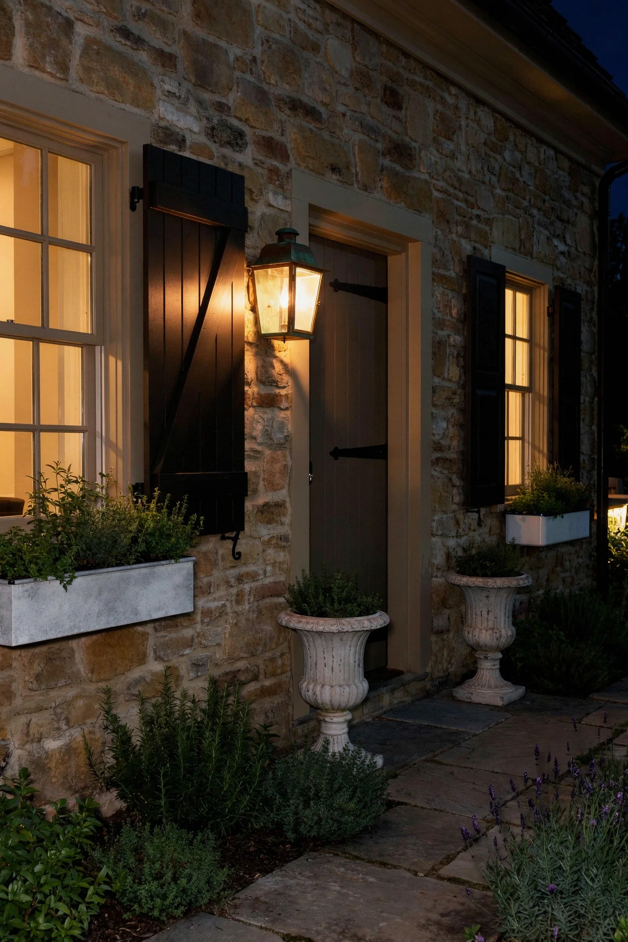 French country exterior evening lighting featuring board and batten shutters with copper lantern on cottage