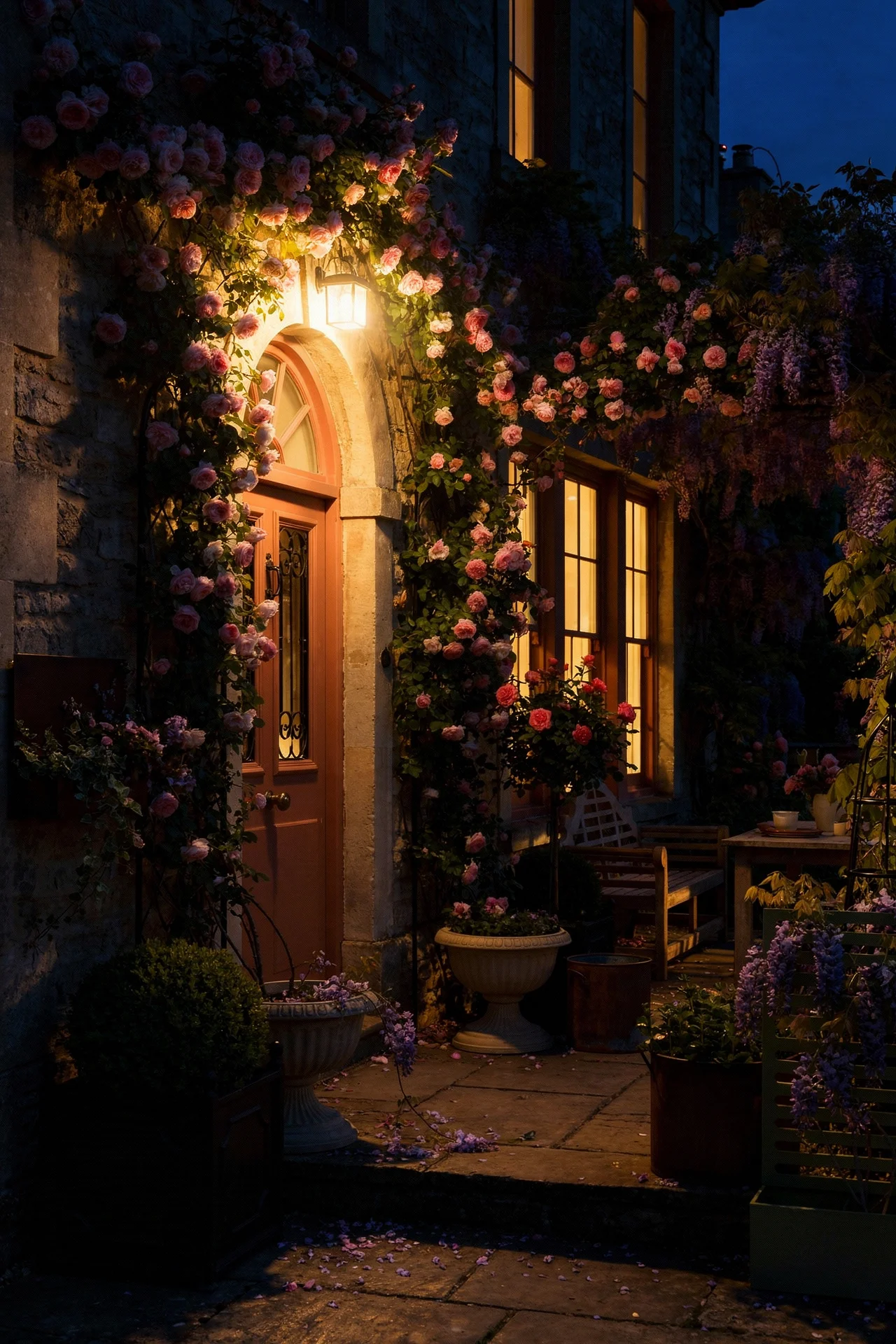 French Country Exterior evening lighting featuring climbing roses and iron trellis on stone facade