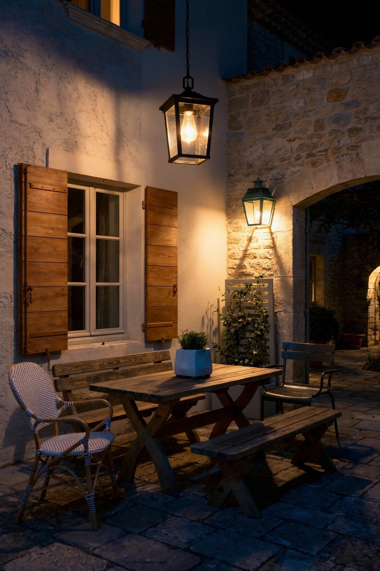 French country exterior evening lighting featuring rustic dining table with warm white facade
