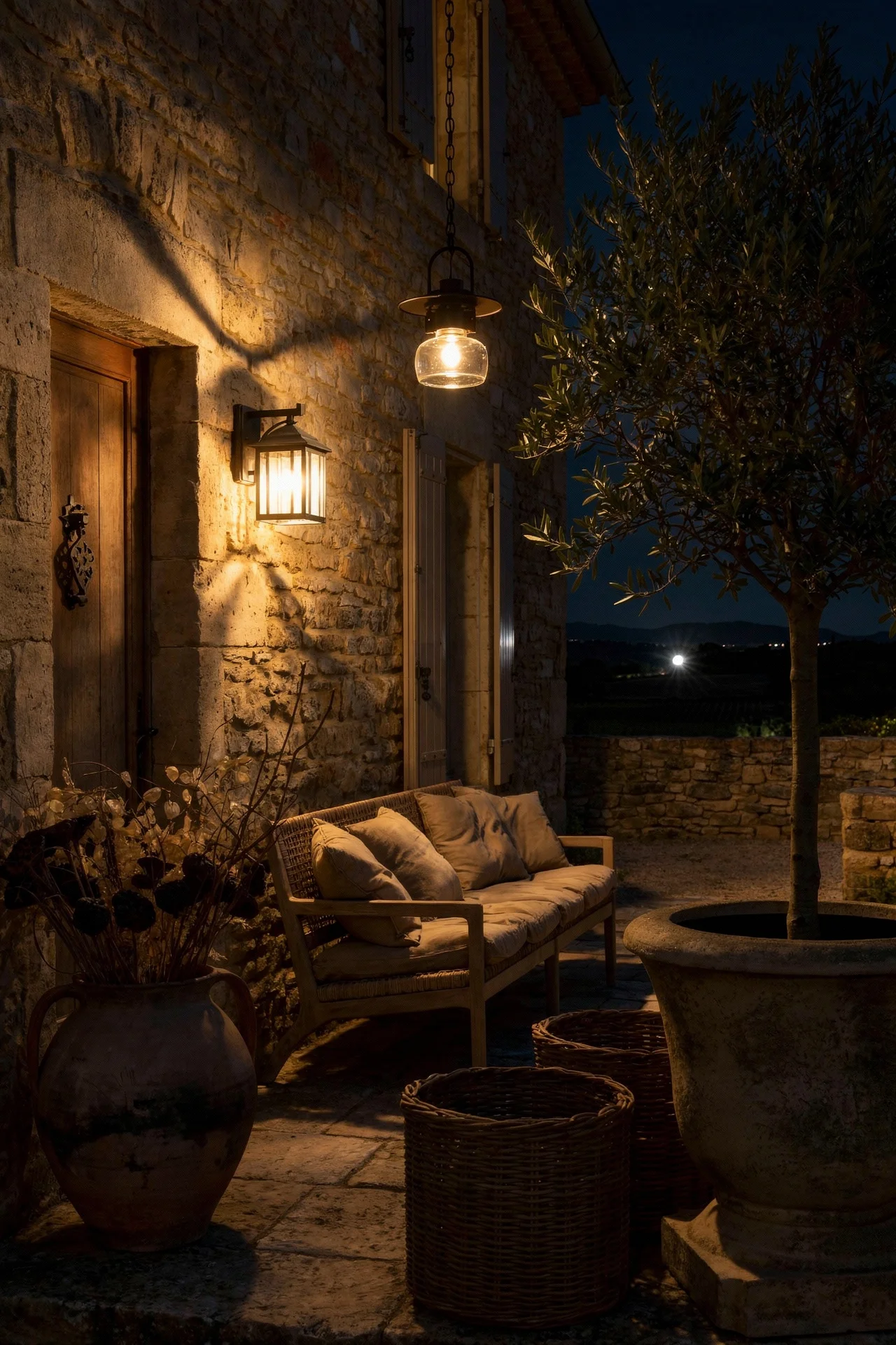 French Country exterior evening lighting featuring teak sofa with fieldstone farmhouse courtyard