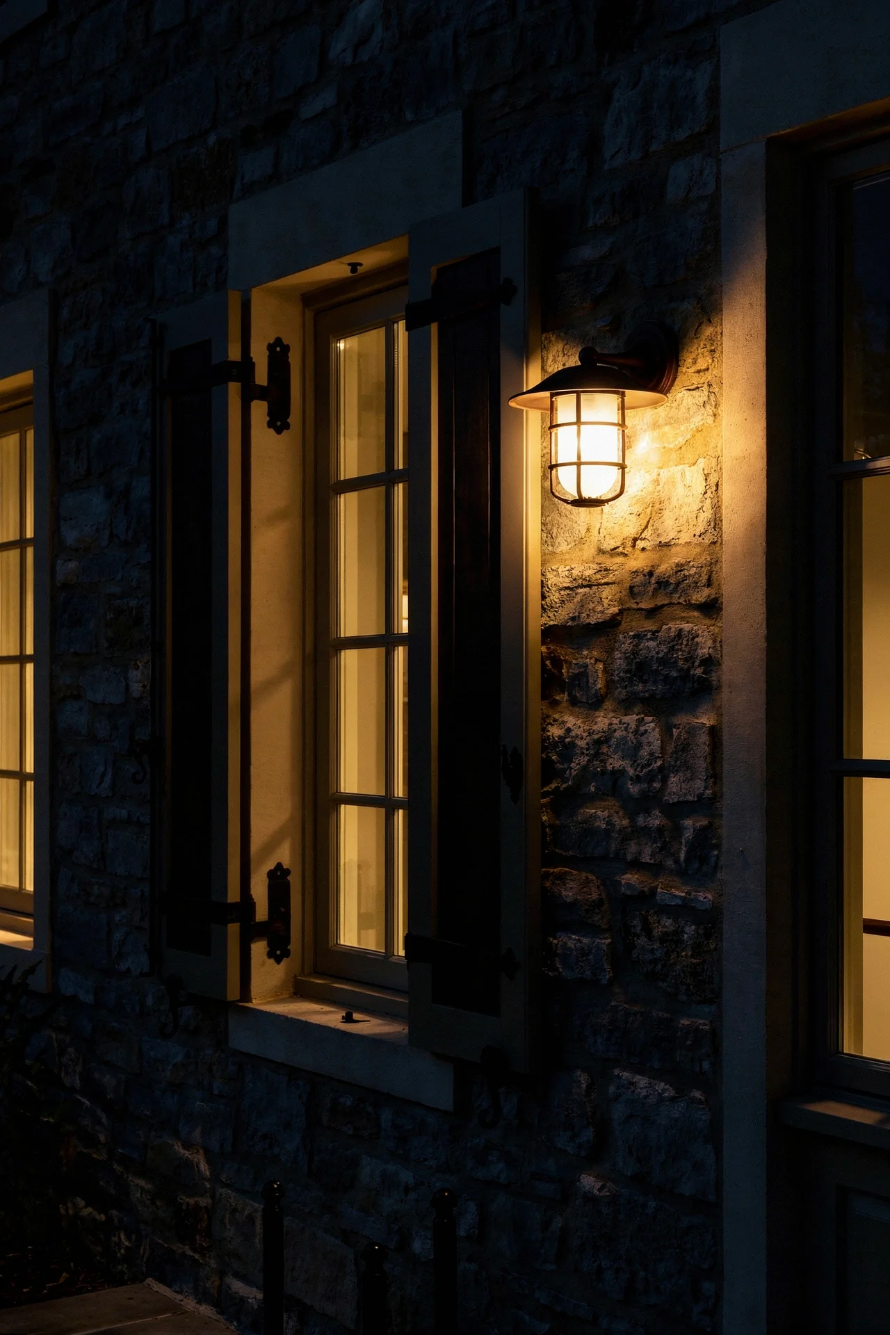 French country exterior evening lighting featuring wrought iron shutter hardware with copper lantern