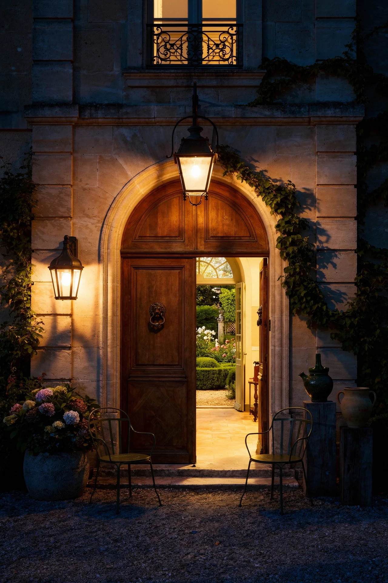 French Country exterior evening lighting featuring bronze street lantern with limestone facade