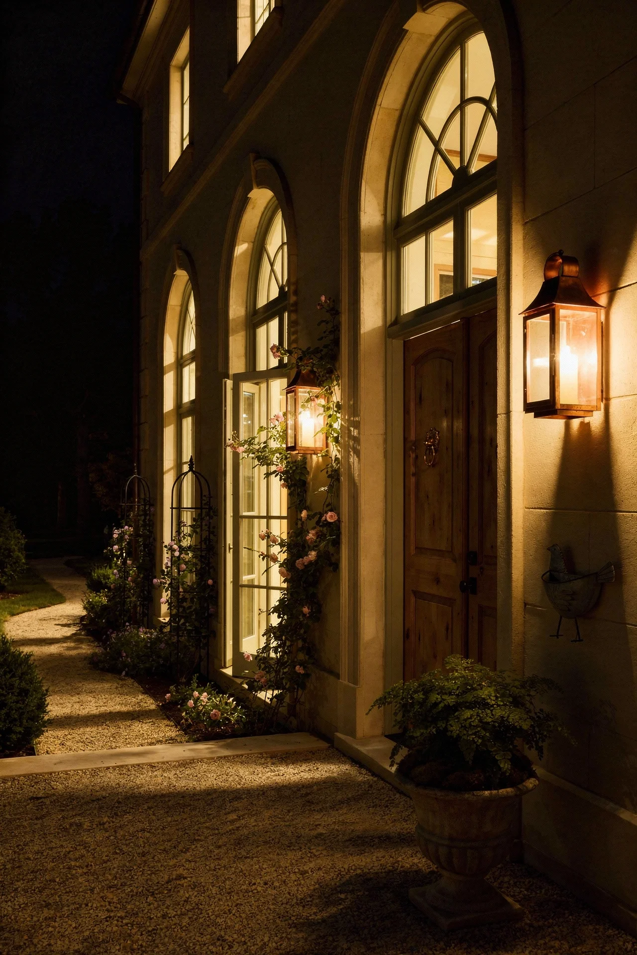 French Country Exterior evening lighting featuring arched windows with copper lantern on limestone
