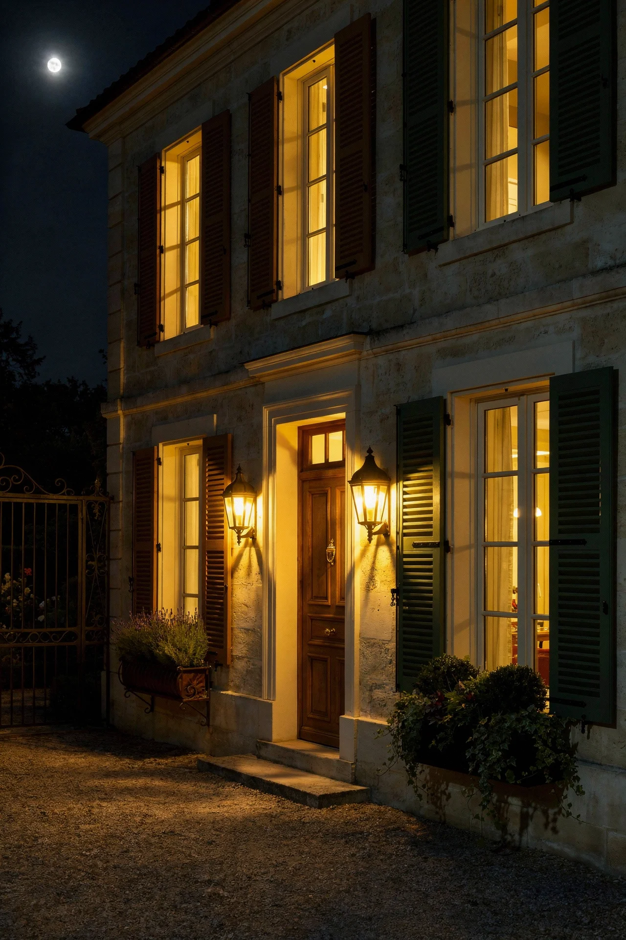 French country exterior evening lighting featuring louvered wood shutters with sage green accents