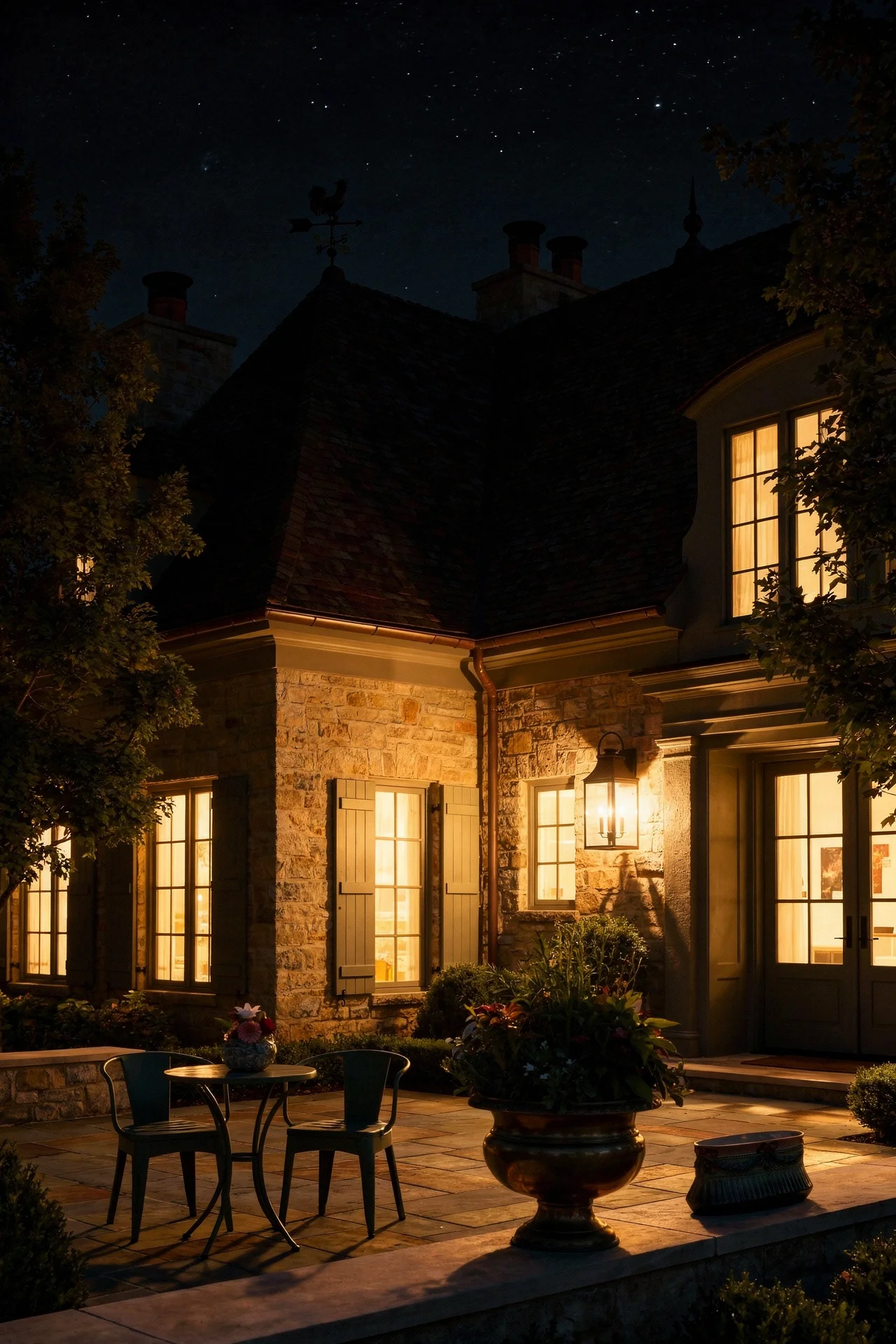 French country exterior evening lighting featuring green bistro set with copper weathervanes on terracotta roof