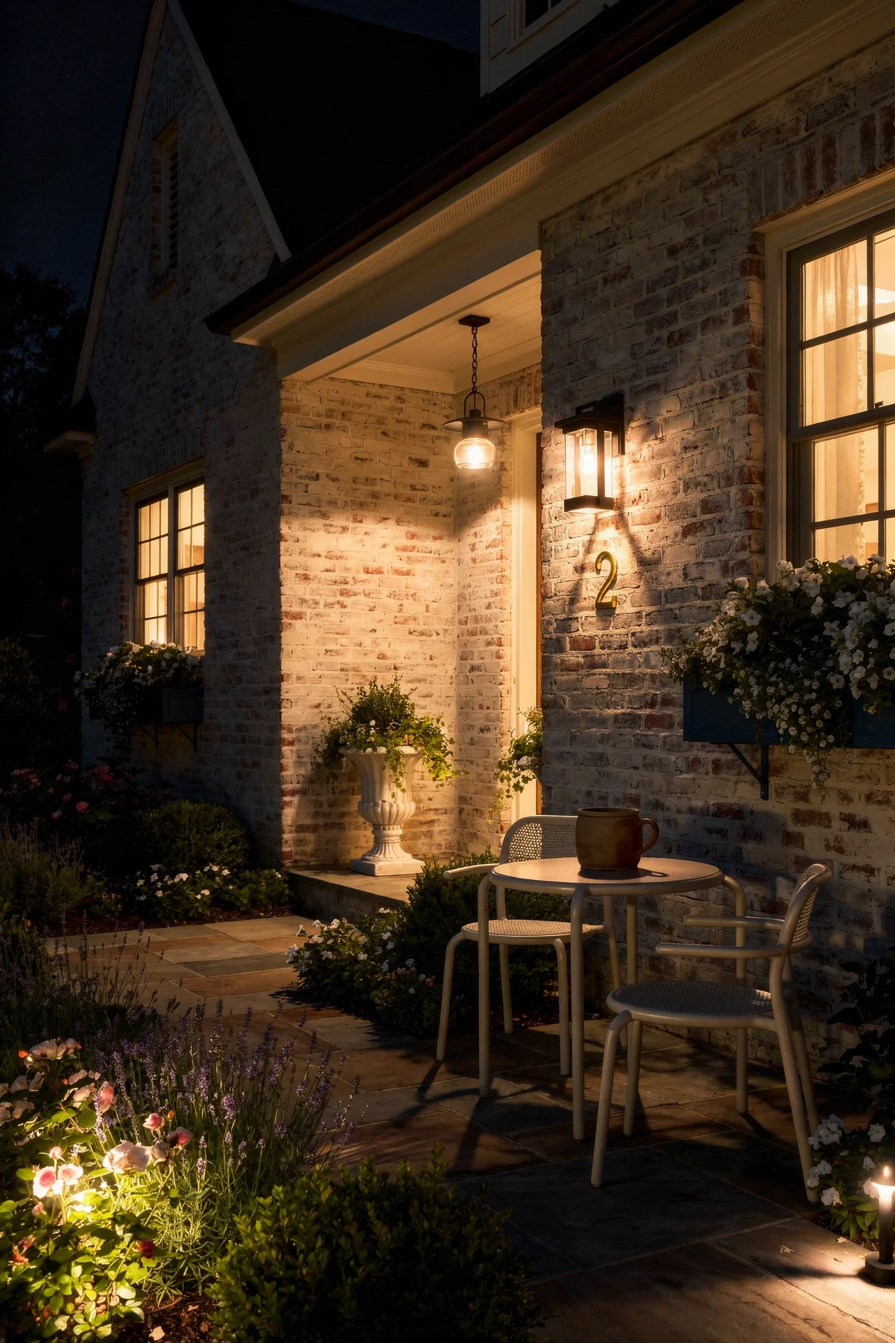 French Country exterior evening lighting featuring white bistro set with Schmear brick cottage