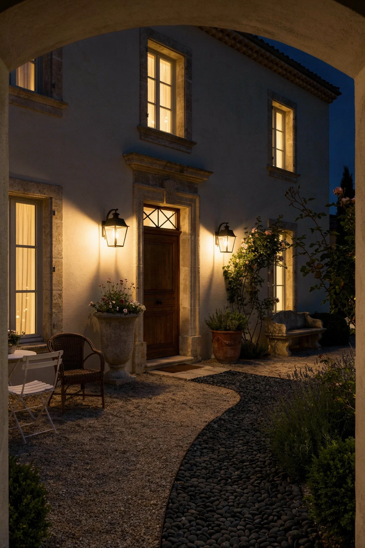 French country exterior evening lighting featuring stone bench with warm gravel courtyard