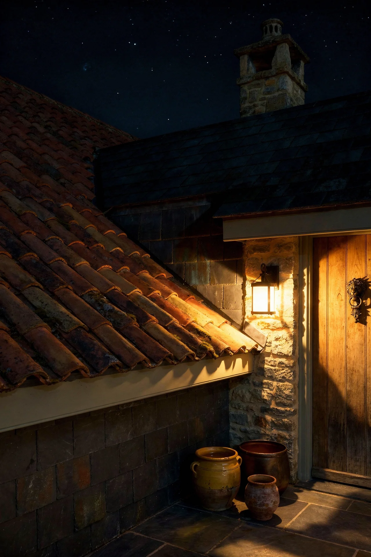 French Country Exterior evening lighting featuring terracotta barrel tiles with cool grey slate roofline