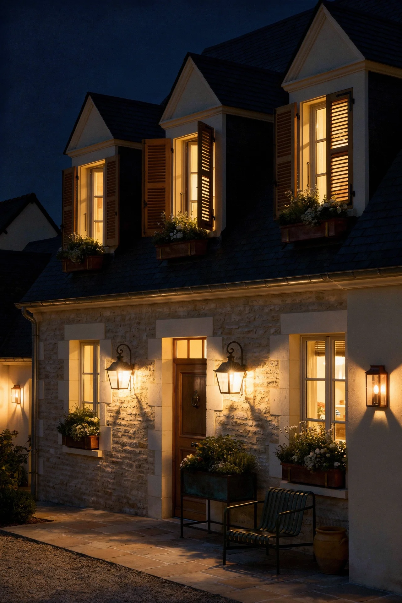 French country exterior evening lighting featuring green armchair with copper sconces on slate dormer roofline