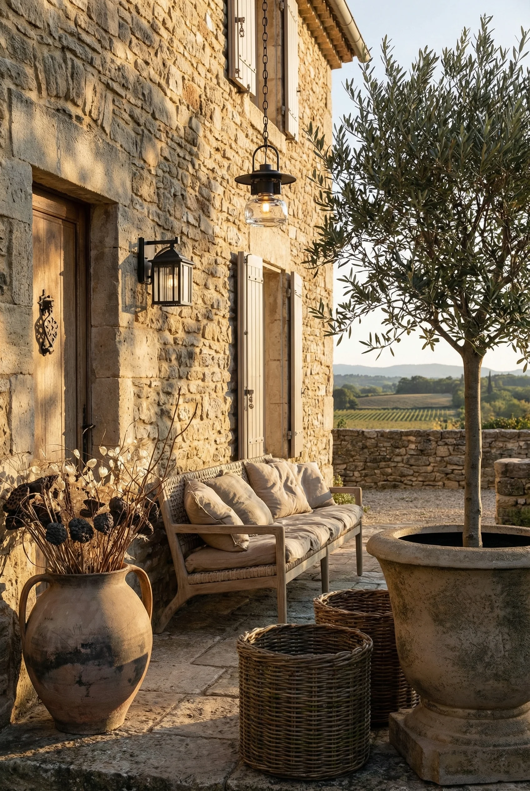 French Country exterior featuring teak outdoor sofa with fieldstone farmhouse courtyard