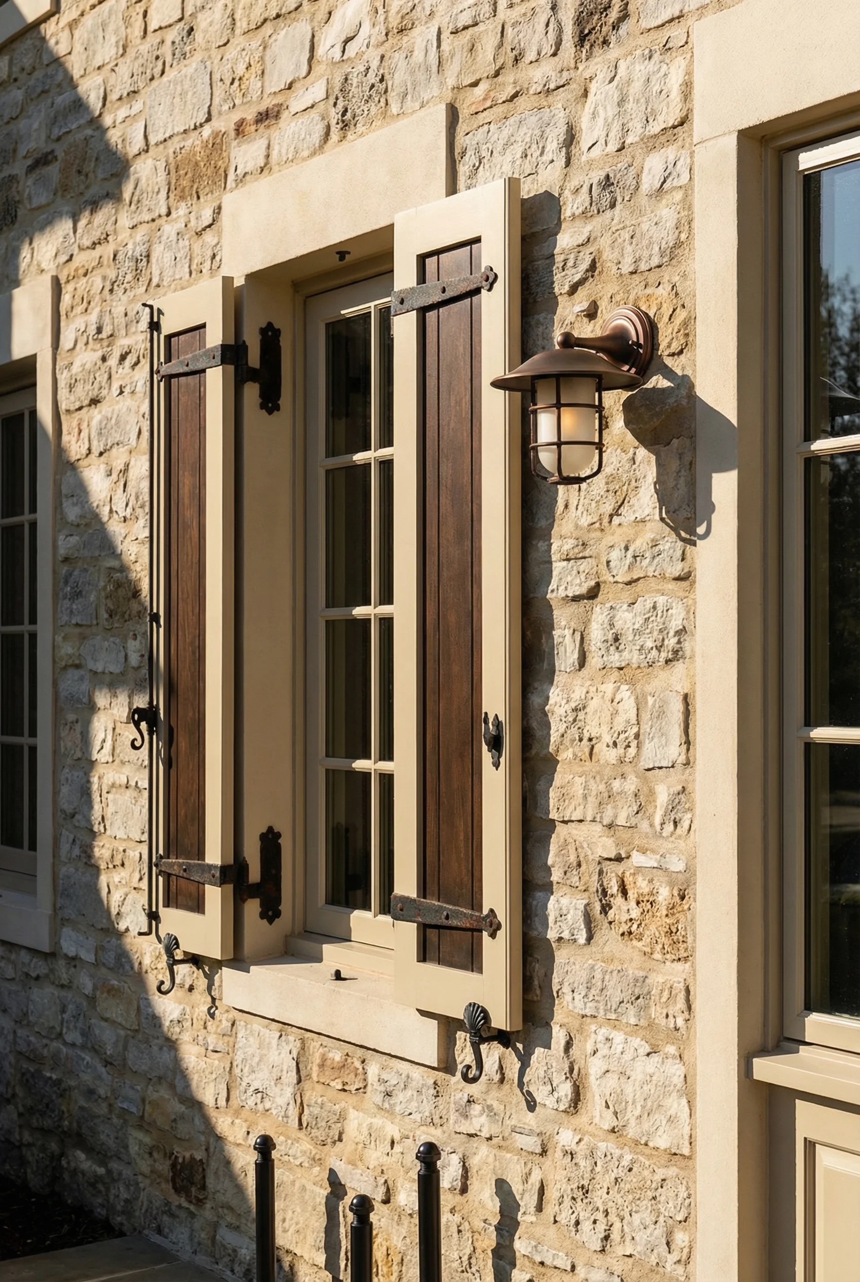 French country exterior featuring wrought iron shutter hardware with copper wall lantern on limestone