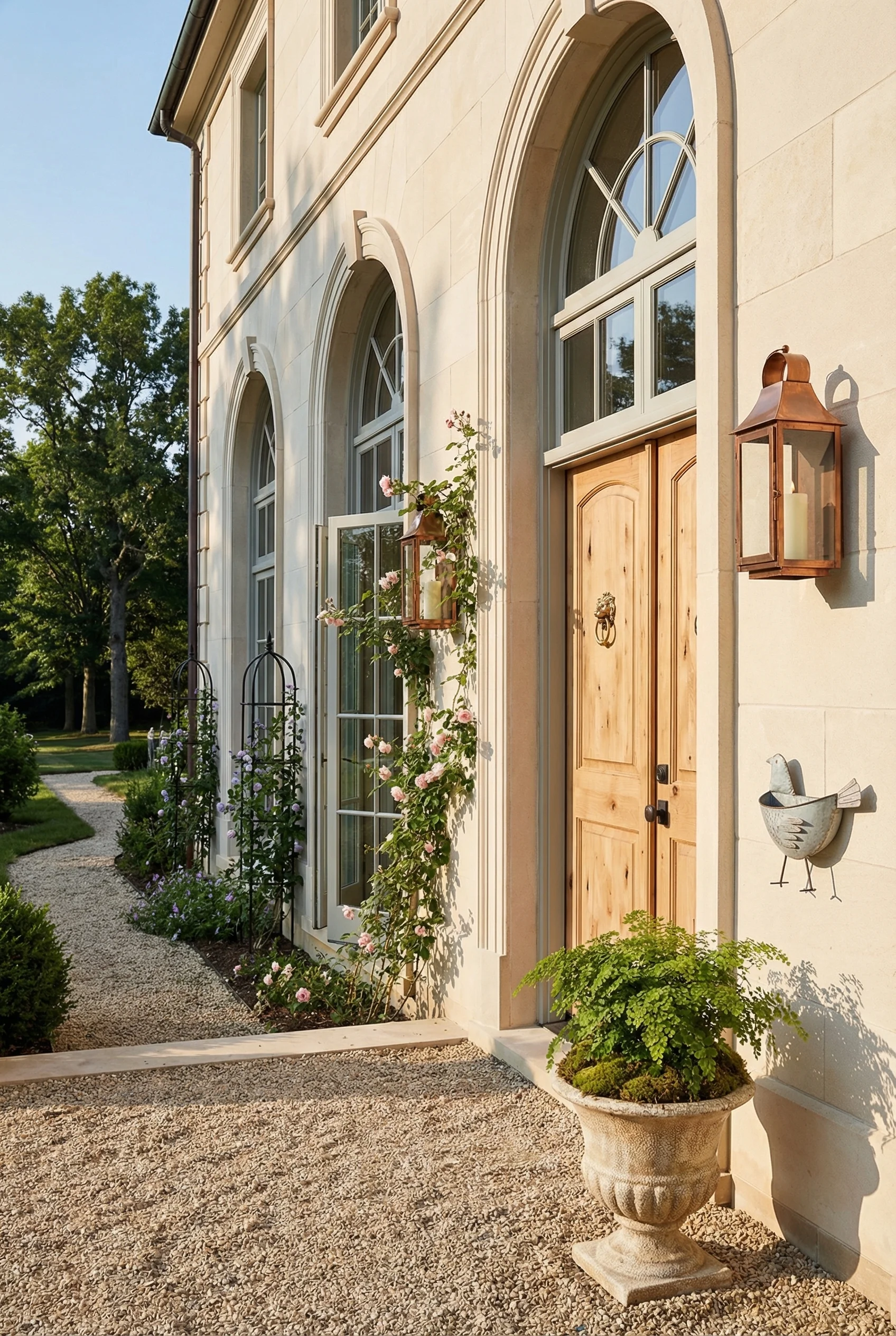 French Country Exterior featuring rustic knotty alder arched door with copper wall lantern and limestone facade