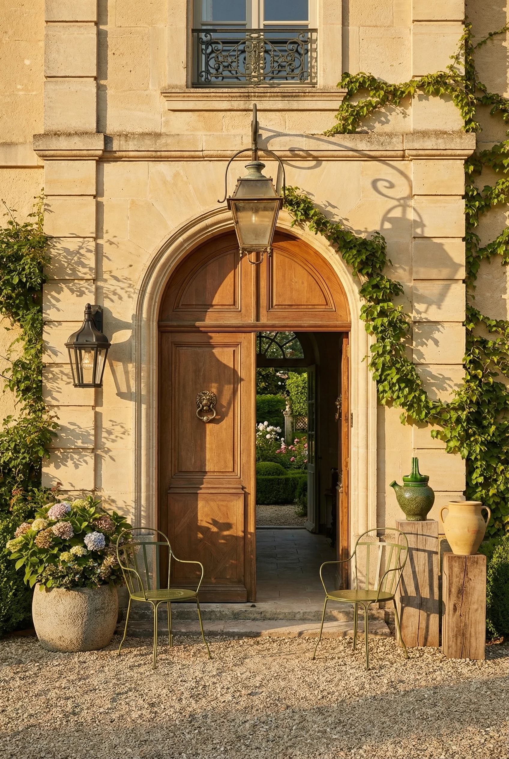 French Country exterior featuring bronze street lantern with green louvre armchairs and limestone facade