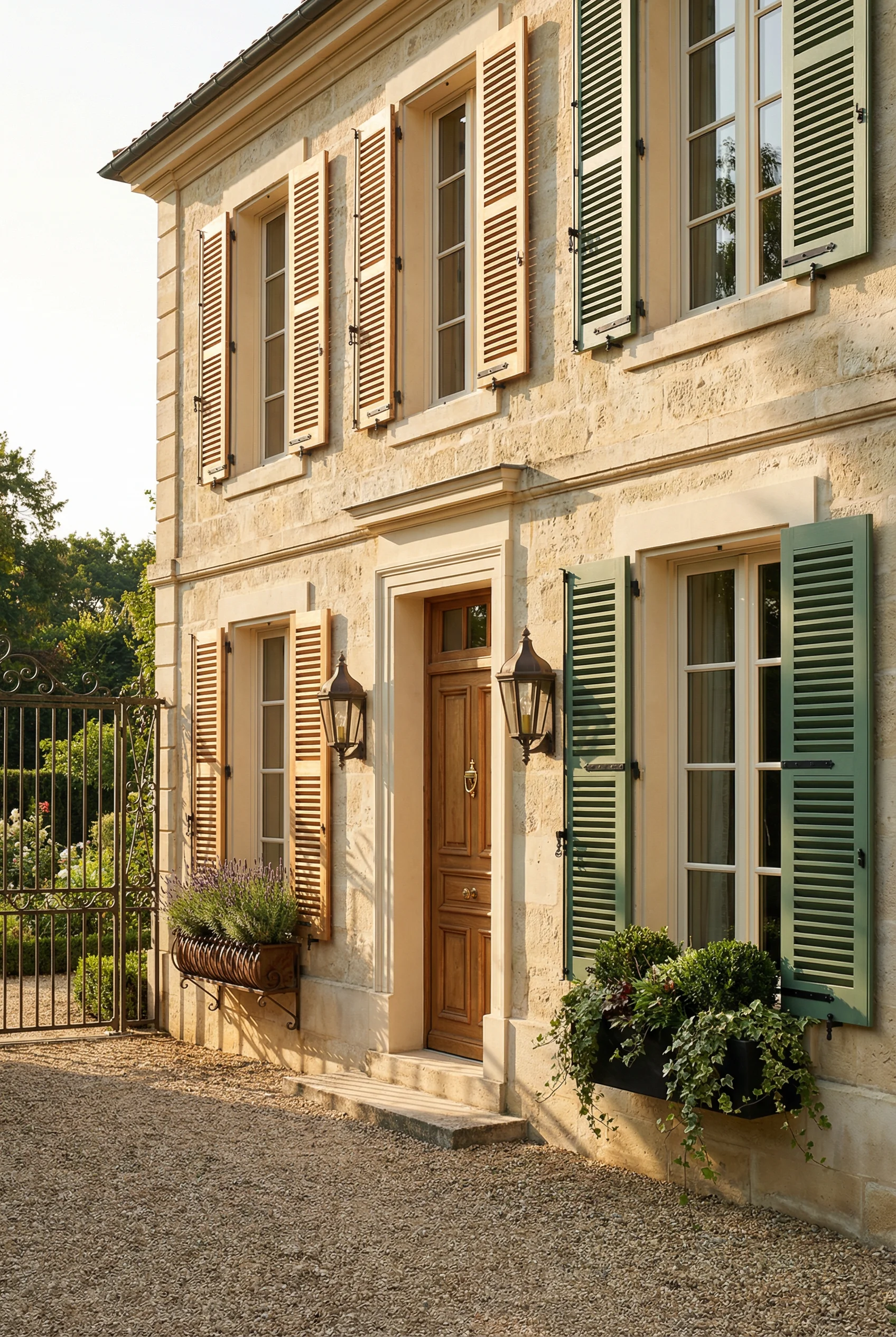 French country exterior featuring louvered wood shutters with sage green accents on aged limestone facade