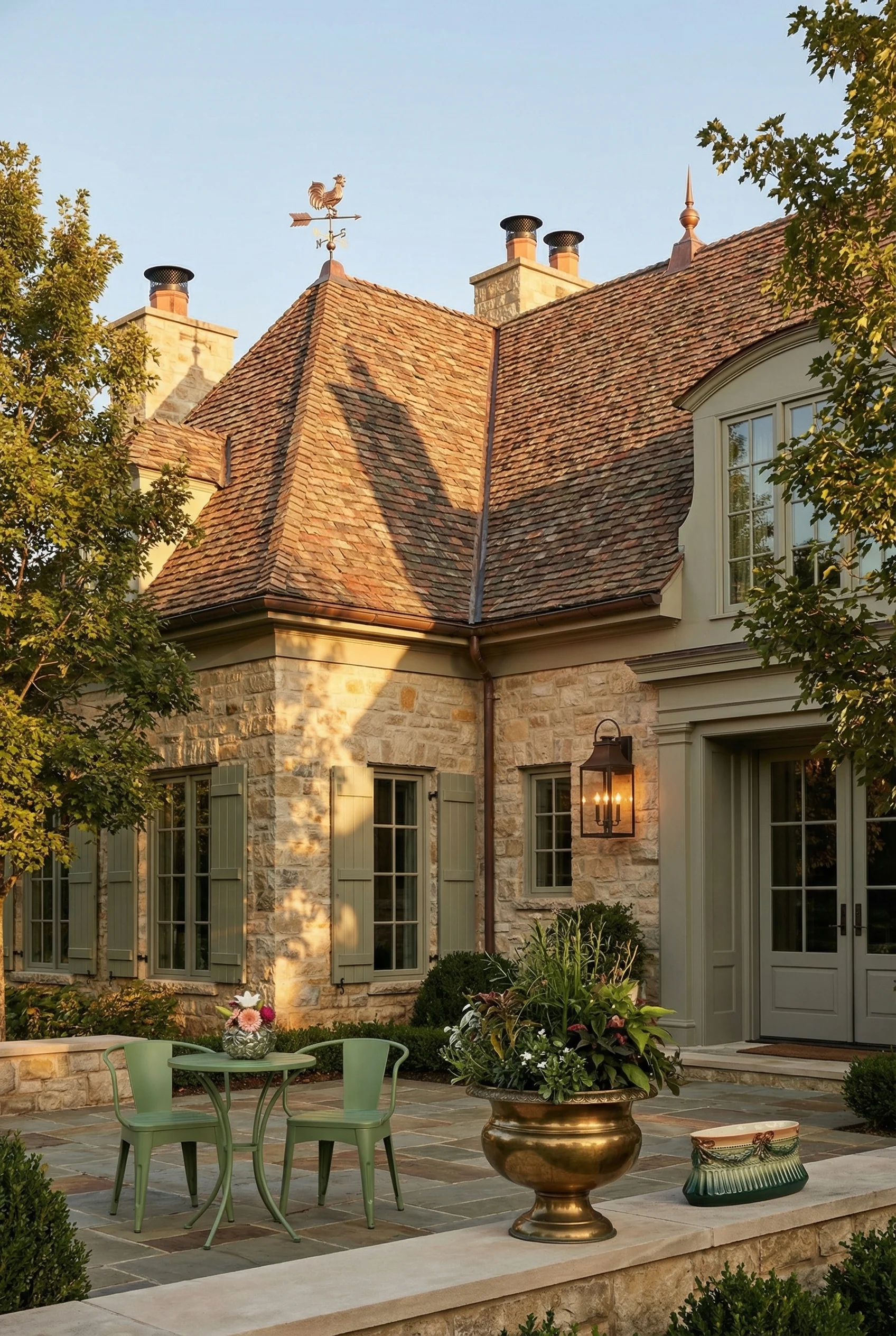 French country exterior featuring matte green cast iron bistro set with copper weathervanes on hipped terracotta roofline