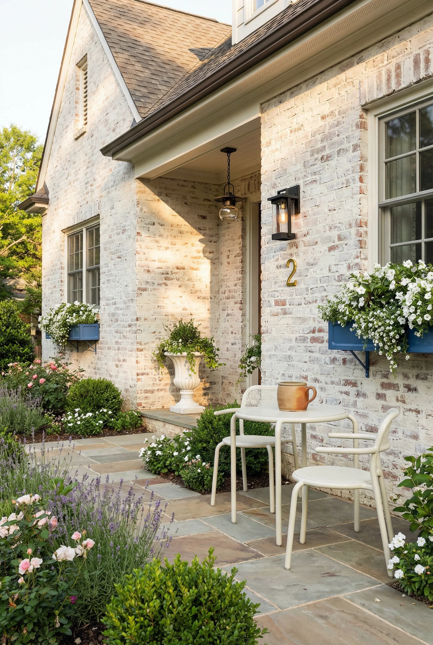 French Country exterior featuring white bistro table set with German Schmear brick cottage