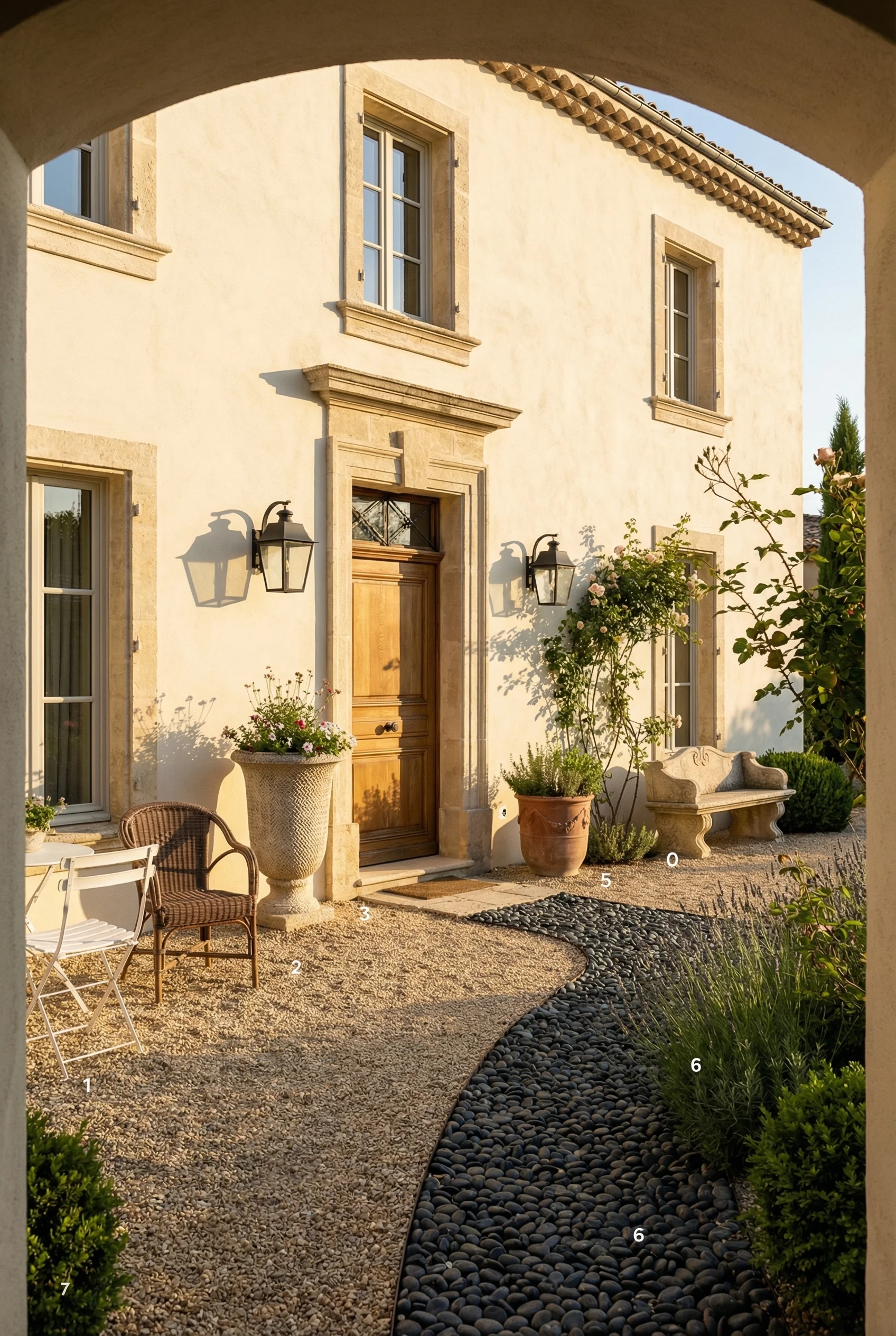 French country exterior featuring carved stone bench with warm lime rendered facade and gravel courtyard