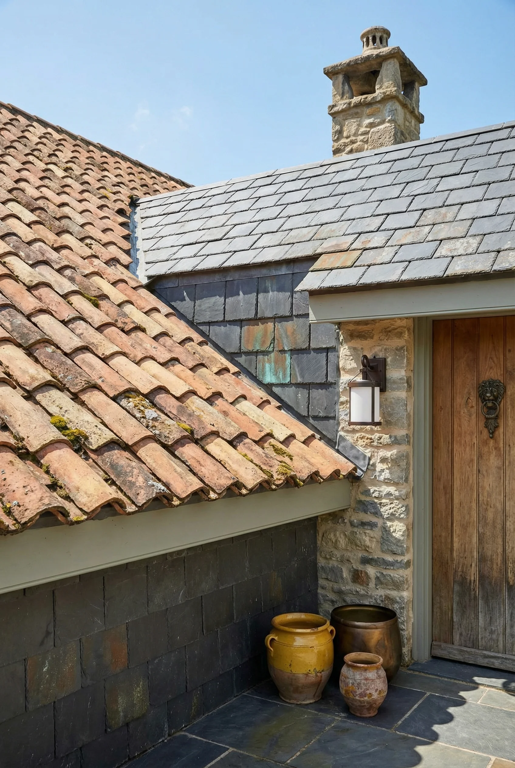French Country Exterior featuring terracotta barrel tiles with cool grey slate roofline detail