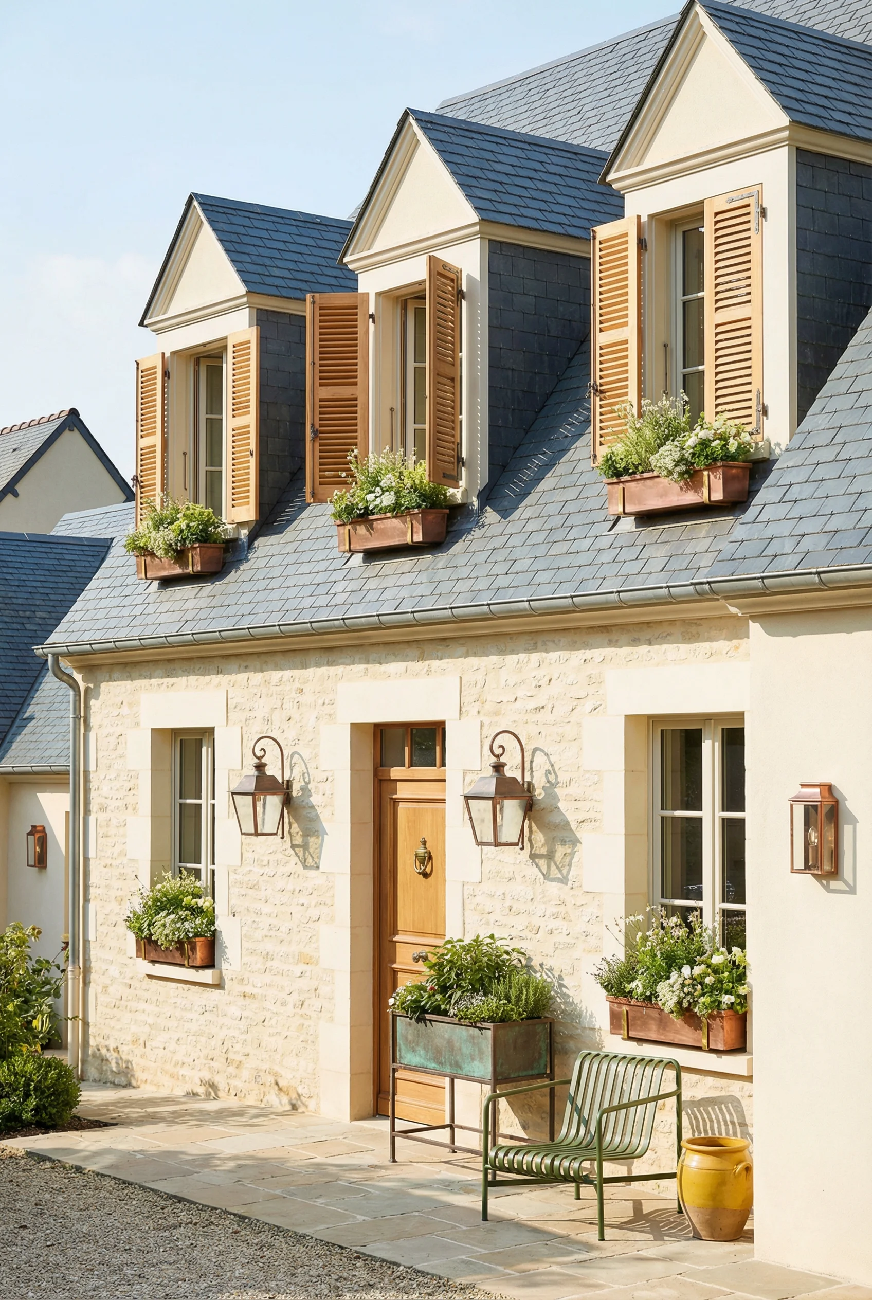 French country exterior featuring green metal armchair with louvered dormer shutters on slate village roofline