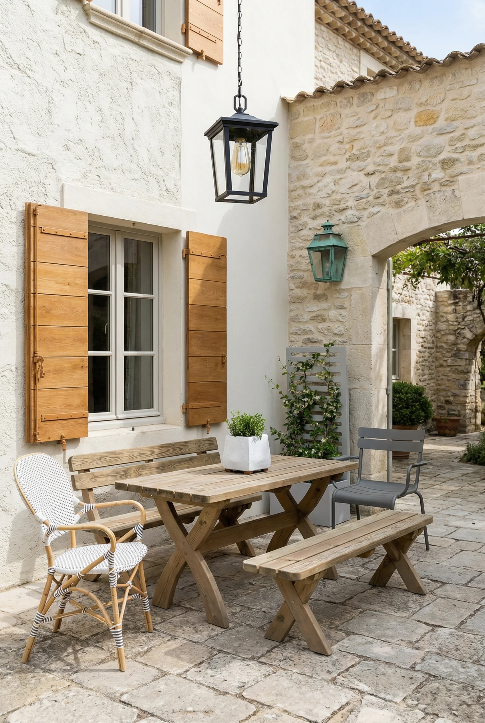 French country exterior featuring rustic wood dining table with warm white facade showing texture variations