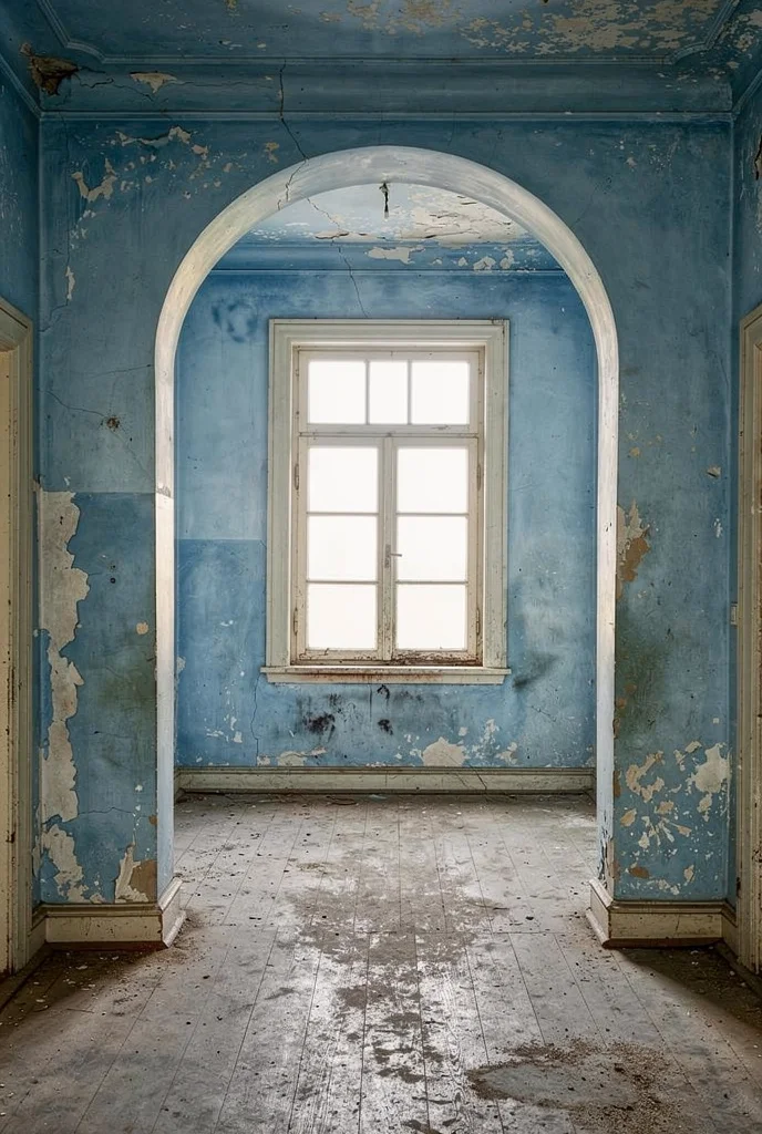 Blue french country kitchen before renovation empty room