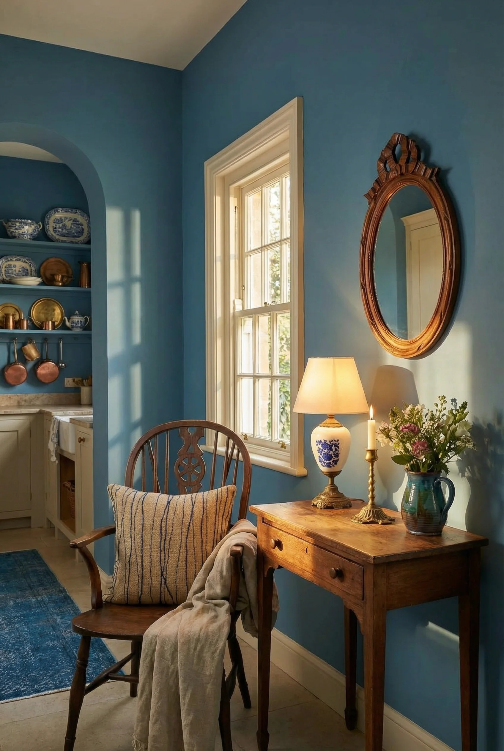 Blue French country kitchen featuring wheelback farmhouse chairs with ceramic transferware lamp and baroque mirror