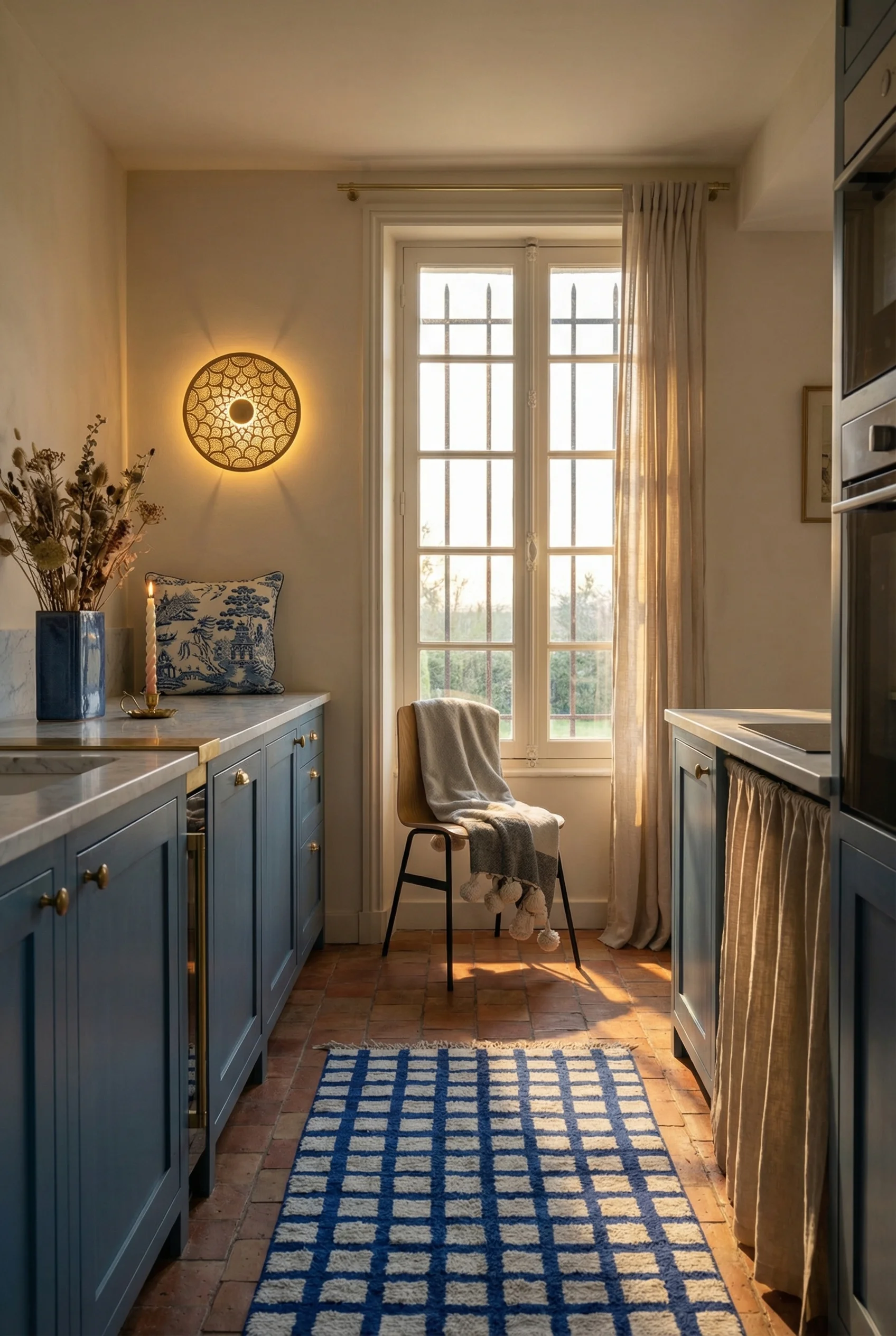 Blue french country kitchen featuring ash dining chair with Moroccan brass sconces and checkered wool rug