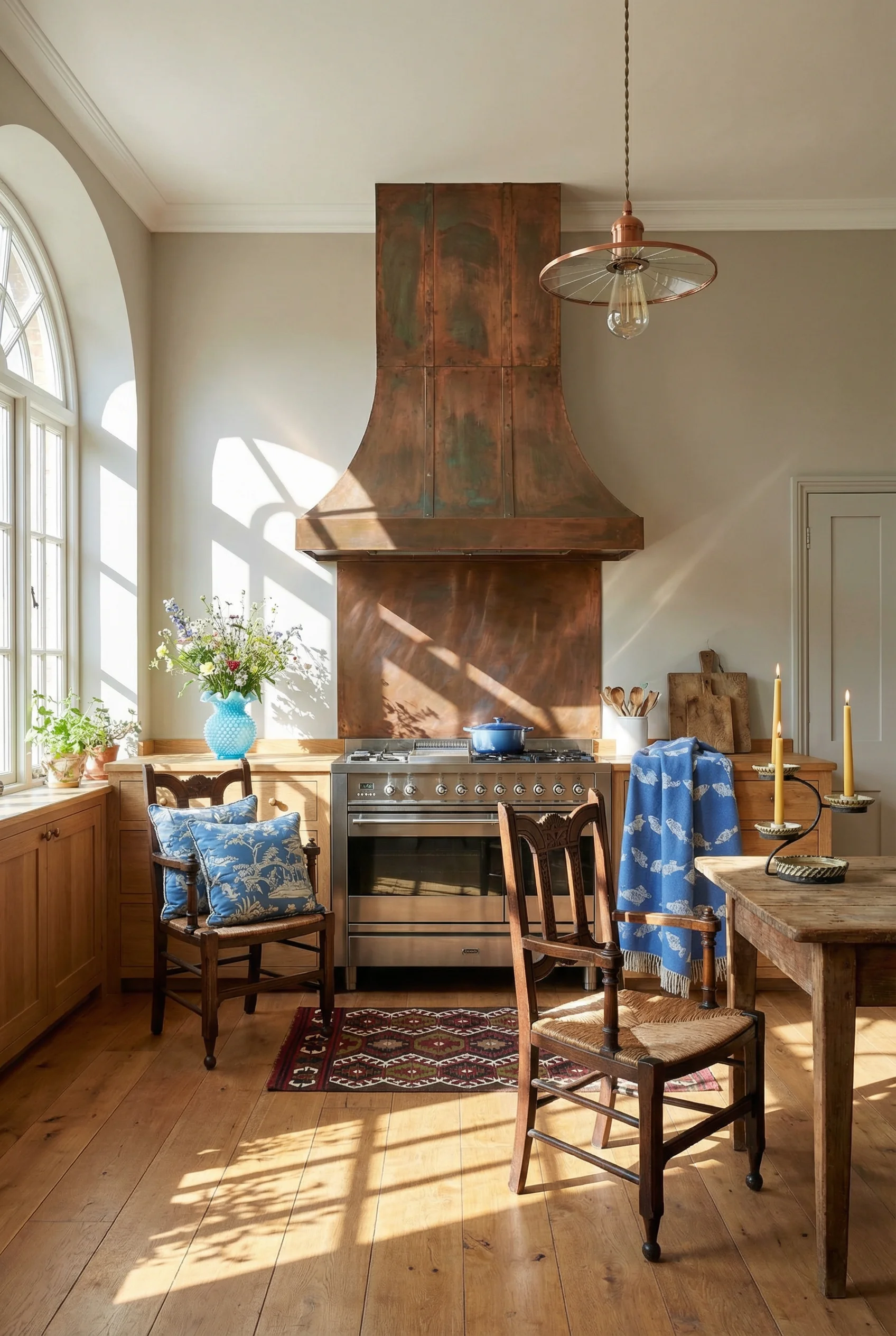 French country kitchen featuring rustic copper range hood with Gothic oak rush seat armchair and blue opalescent glass vase