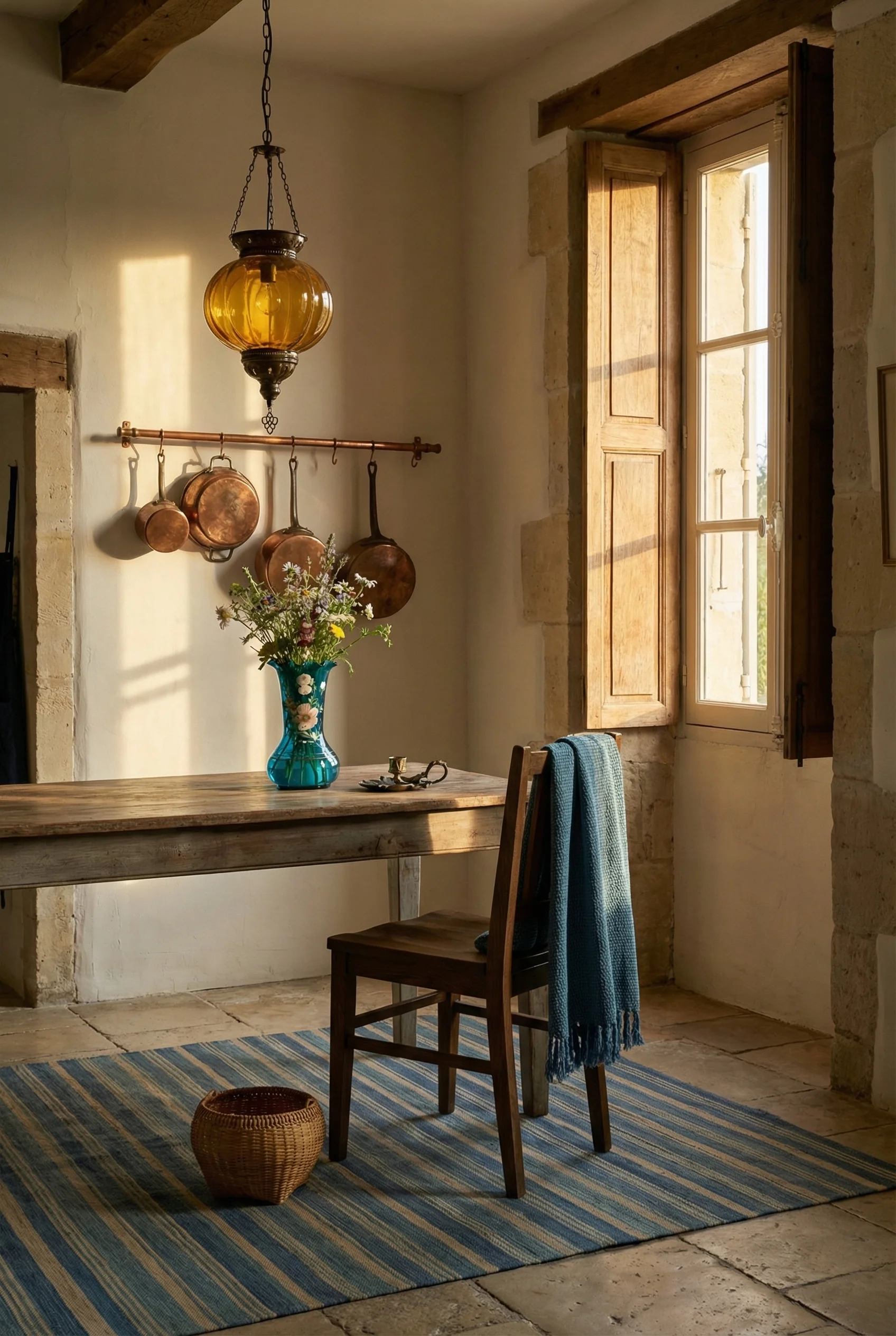 French country kitchen featuring driftwood splatback chair with Moroccan lantern and copper pot rail