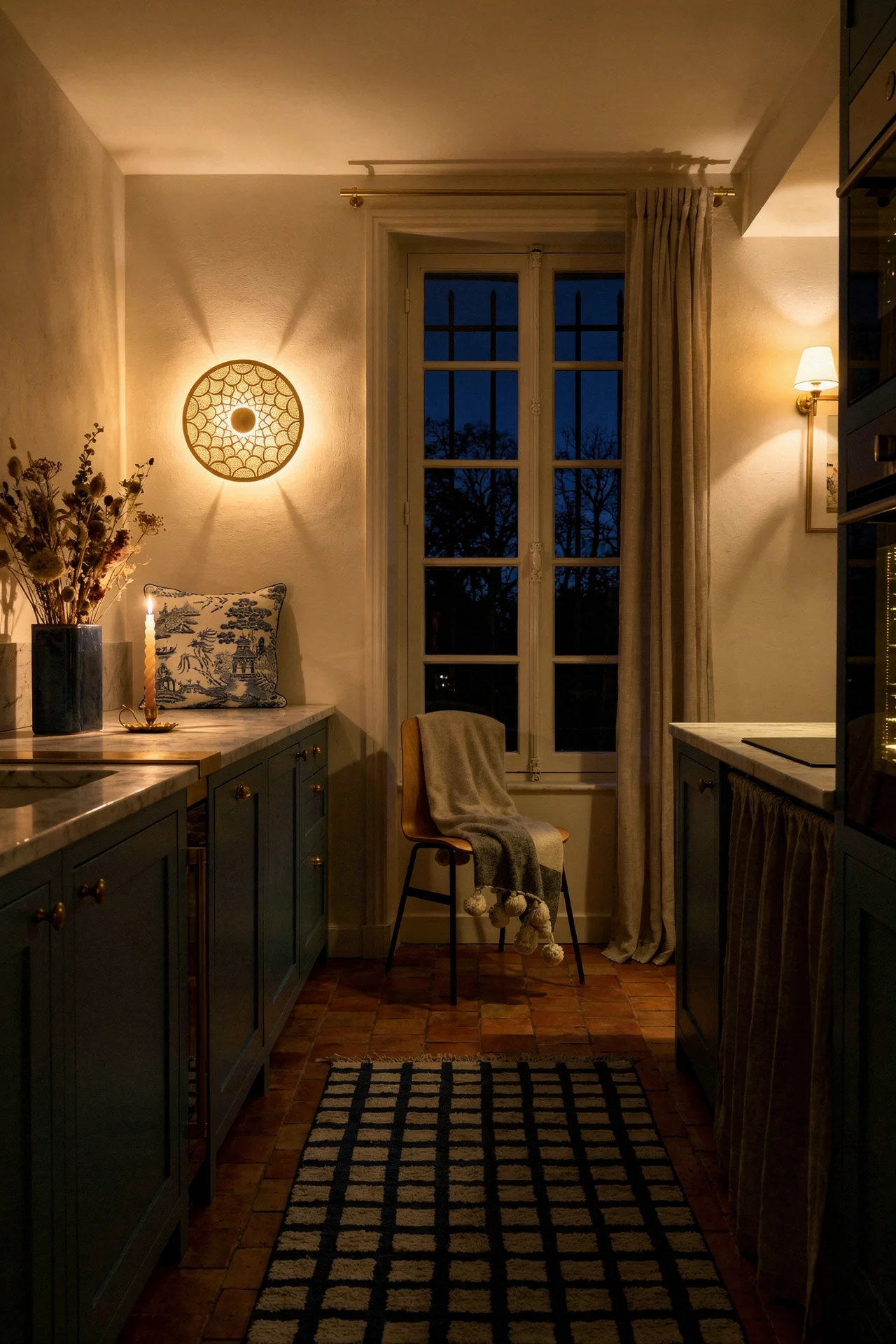 Blue french country kitchen evening lighting featuring ash dining chair with brass sconces and checkered rug