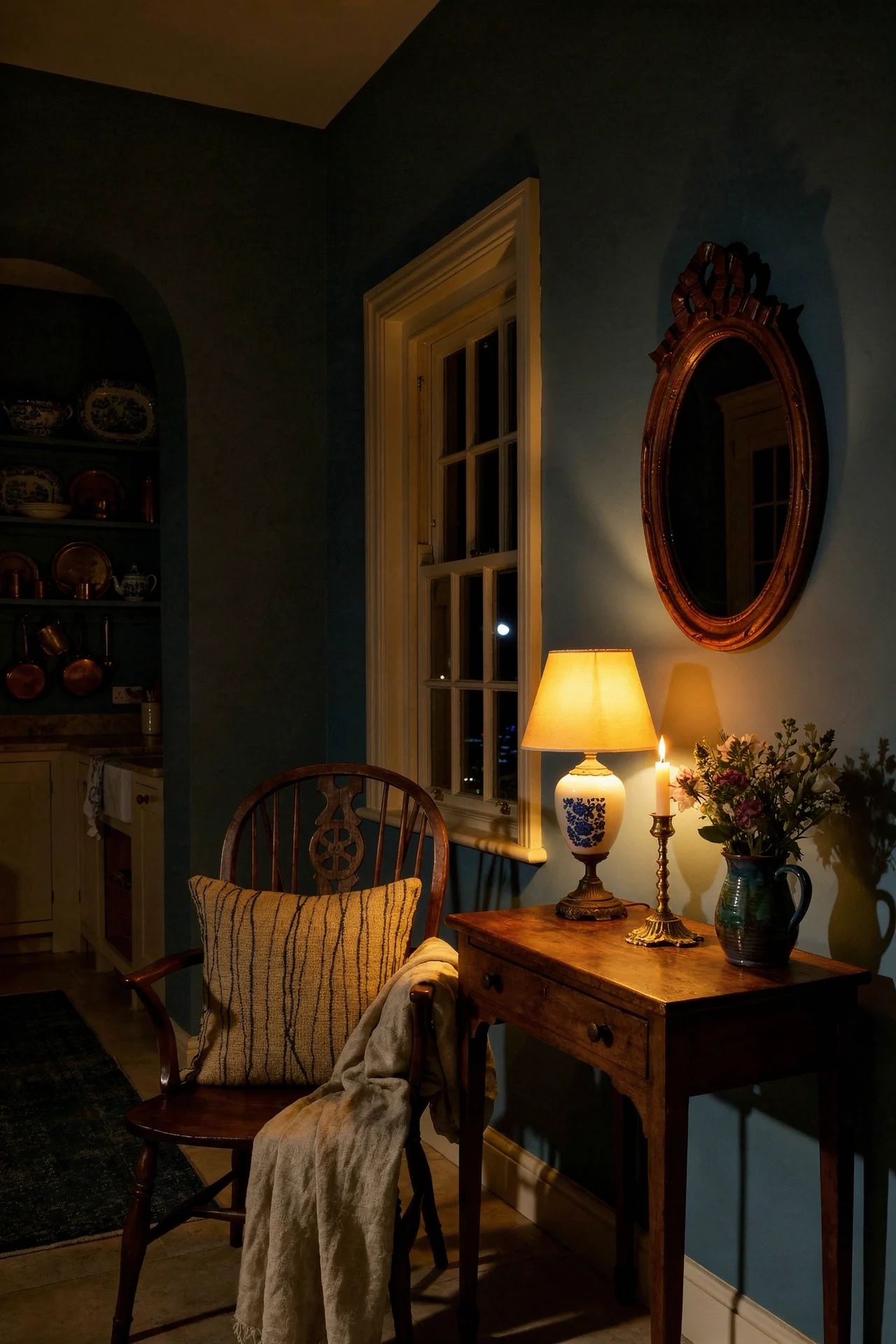 Blue french country kitchen evening lighting featuring wheelback farmhouse chairs with ceramic transferware lamp