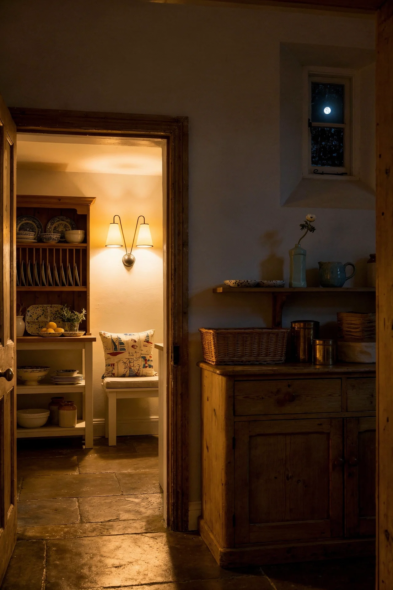 French country kitchen evening lighting featuring blackened brass wall sconce with blue and white ceramics
