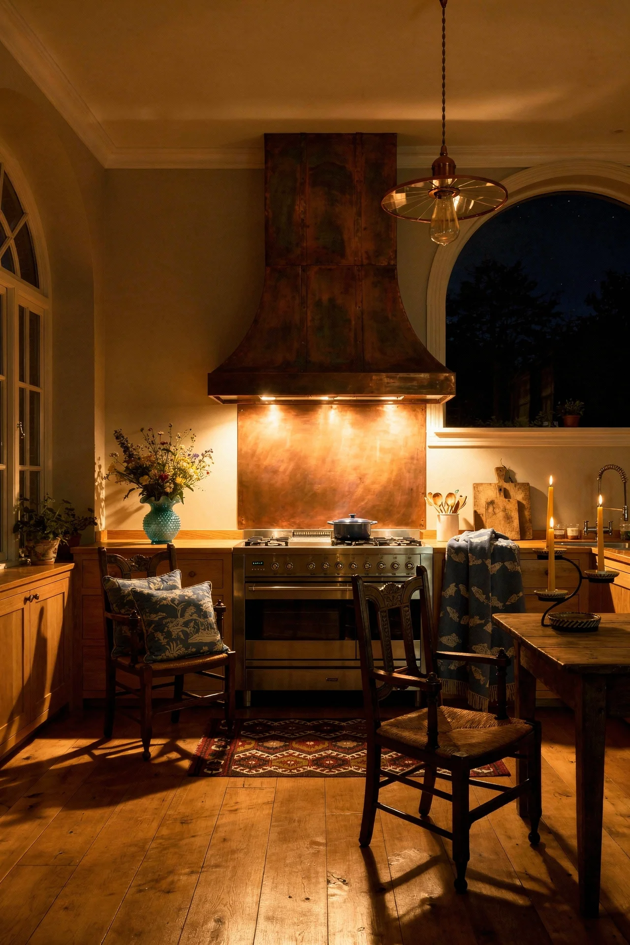 French country kitchen evening lighting featuring copper range hood with Gothic oak armchair