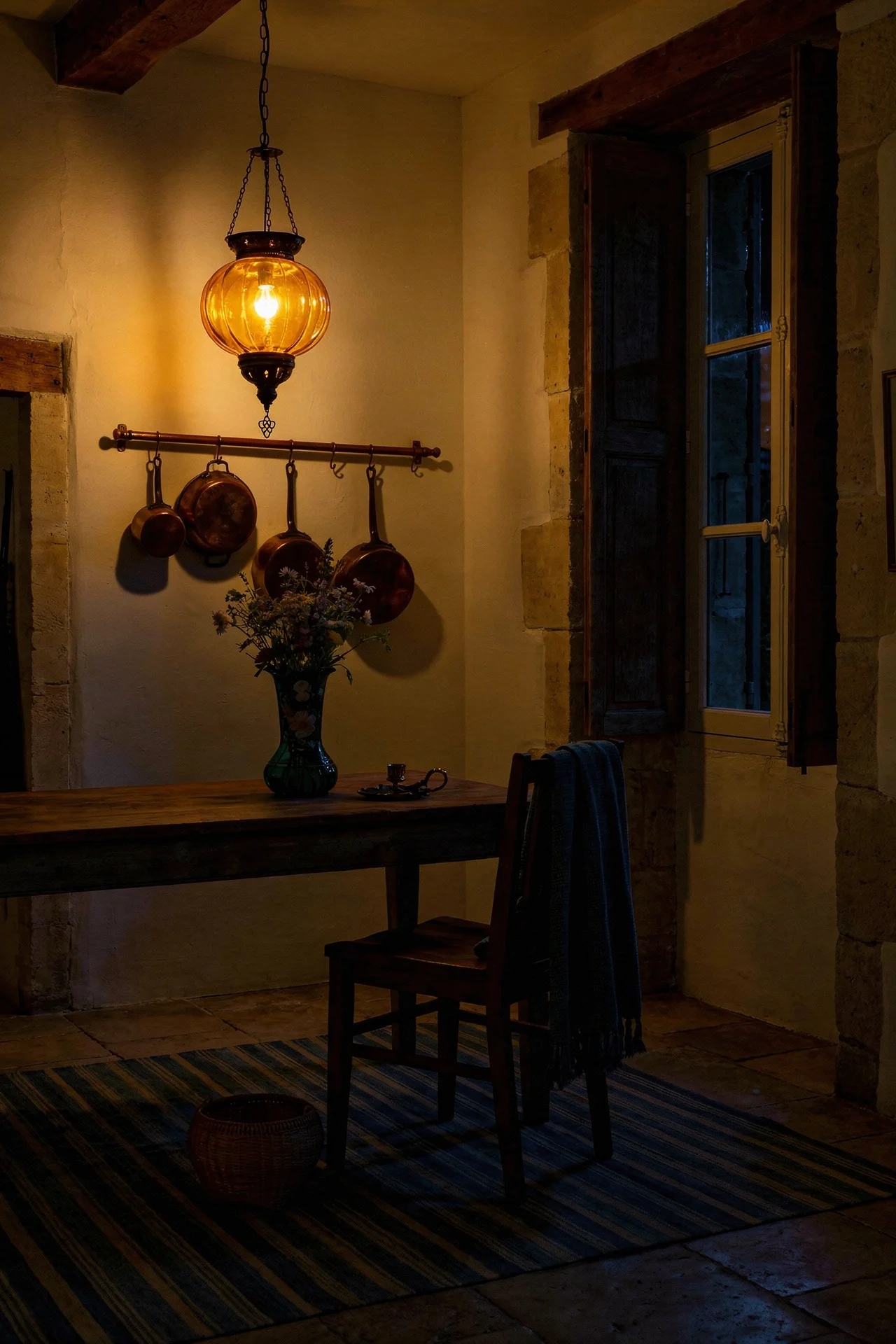 French country kitchen evening lighting featuring driftwood chair with Moroccan lantern glow